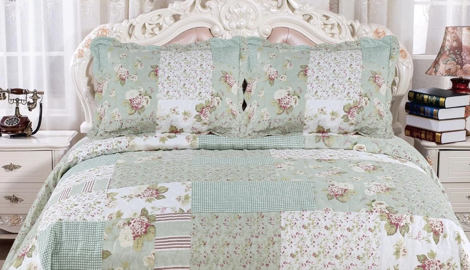 روتختی طرح گل رز انگلیسی، غنی از پنبه، پیش شسته شده، بدون آبرفت. مناسب به عنوان روتختی، رو تختی، لحاف تزئینی، روتختی سبک