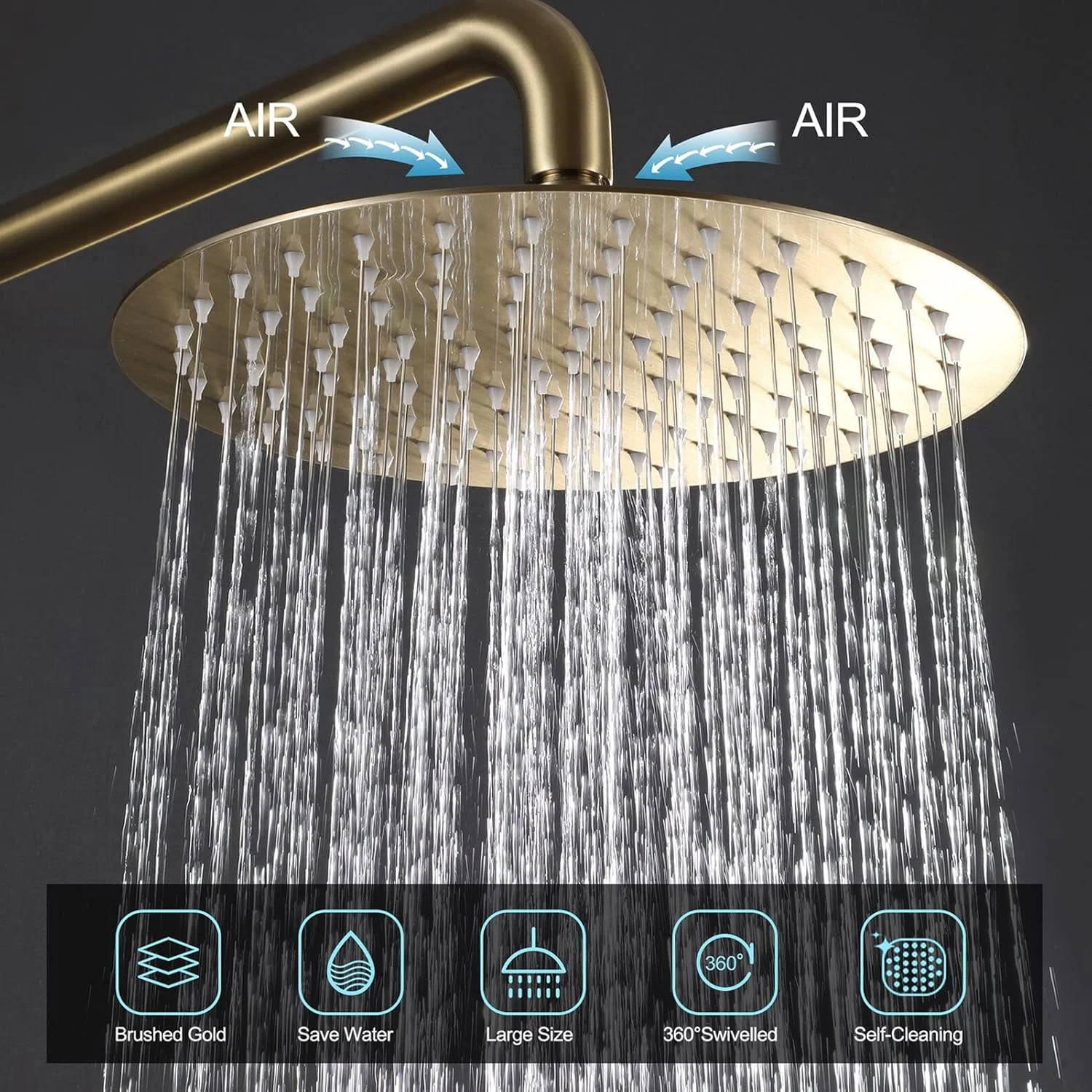 سردوش بارانی شیرآلات طلایی برس خورده، سردوش گرد استیل ضد زنگ 12 اینچی، سردوش فشار قوی، سردوش صرفه جویی در آب، سردوش قابل تنظیم