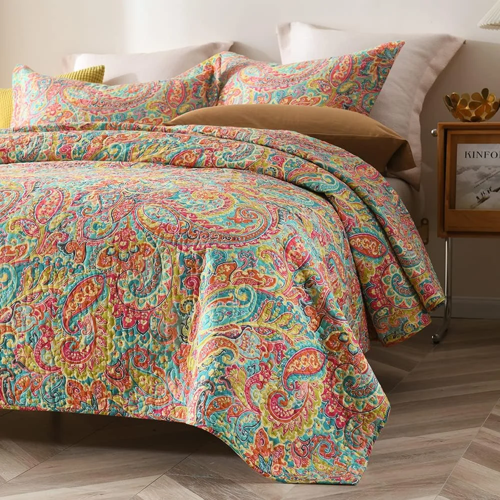 ست روتختی پنبه ای ENASAL، ست لحاف روتختی دو رو، لحاف طرح گلدار پیزلی (زیبا، سایز کوئین)