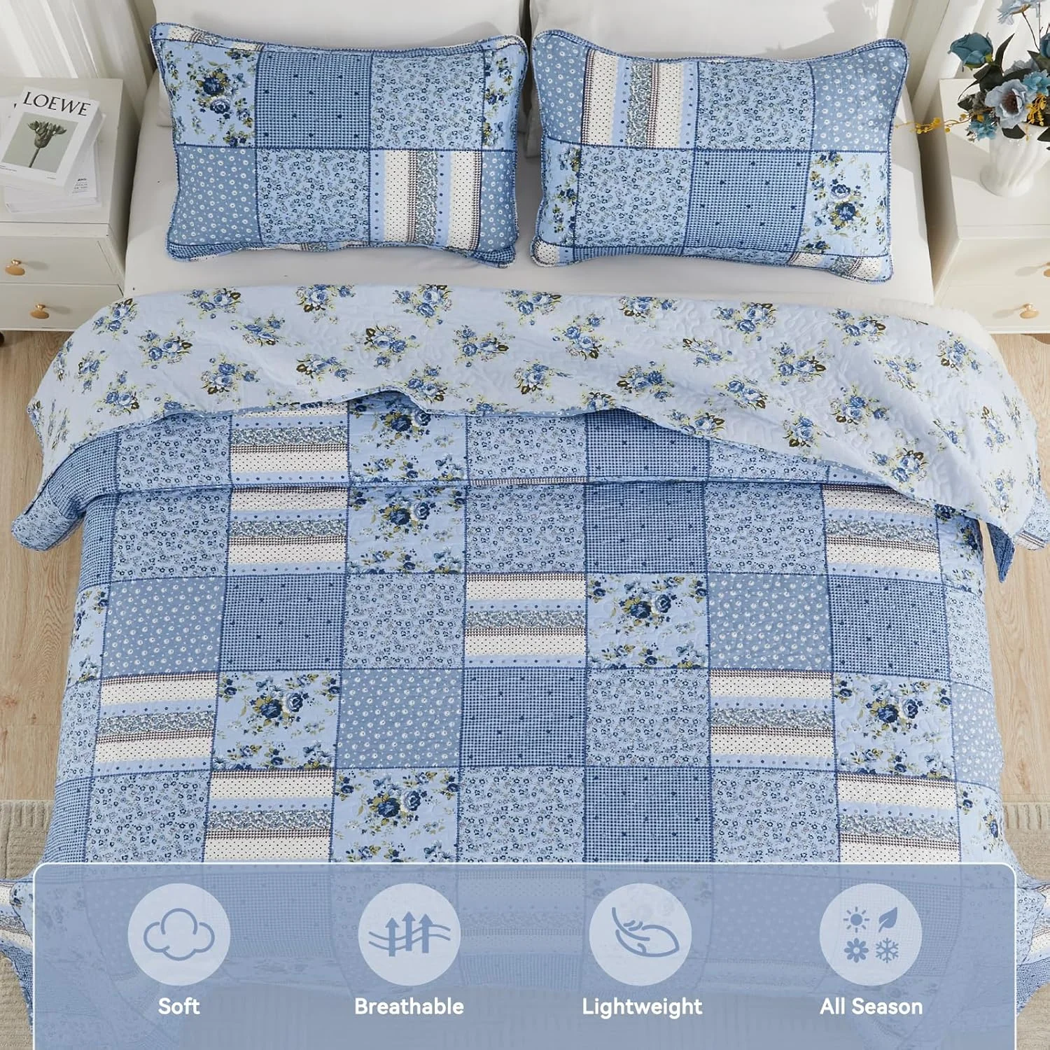 ست لحاف کالیفرنیا کینگ ENJOHOS سایز بزرگ 128x120، ست روتختی 3 تکه طرح چهارخانه آبی گلدار مناسب تمام فصول، ست روتختی تکه دوزی شده دو رو ست لحاف کالیفرنیا کینگ ENJOHOS سایز بزرگ 128x120، ست روتختی 3 تکه طرح چهارخانه آبی گلدار مناسب تمام فصول، ست روتختی تکه دوزی شده دو رو