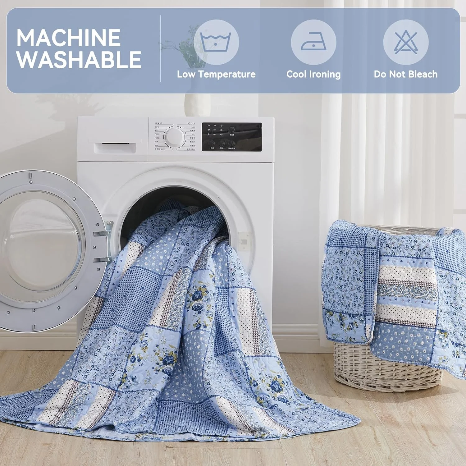 ست لحاف طرح گلدار چهارخانه آبی ENJOHOS سایز کینگ 250x270 سانتی متر، ست روتختی سه تکه طرح بوهمی مناسب تمام فصول، ست روتختی برگشت پذیر تکه دوزی شده سایز کینگ