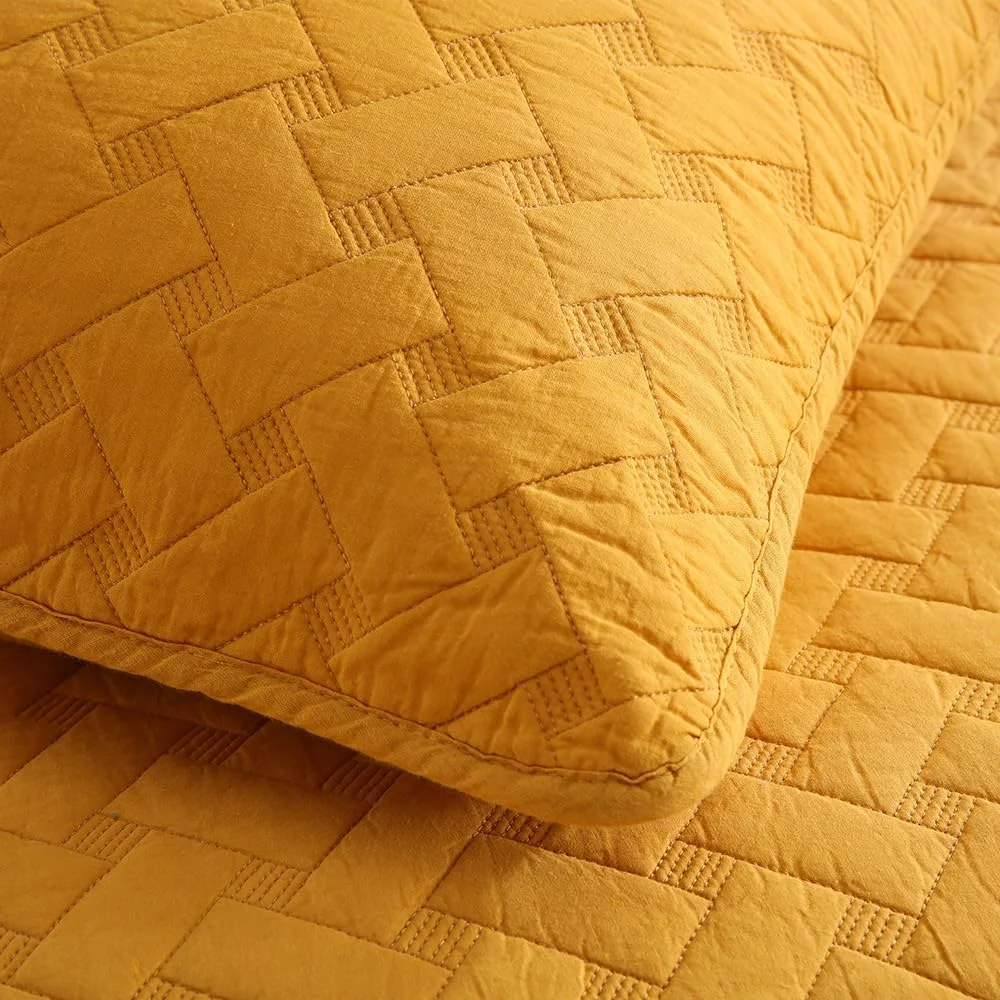 روتختی نخی ENASAL، روانداز تخت 220 در 240 سانتی متر به همراه 2 روبالشتی برای تخت دونفره، ست 3 تکه لحاف، لحاف نرم مناسب تمام فصل ها، طرح بافتنی، زرد، 230 در 250 سانتی متر