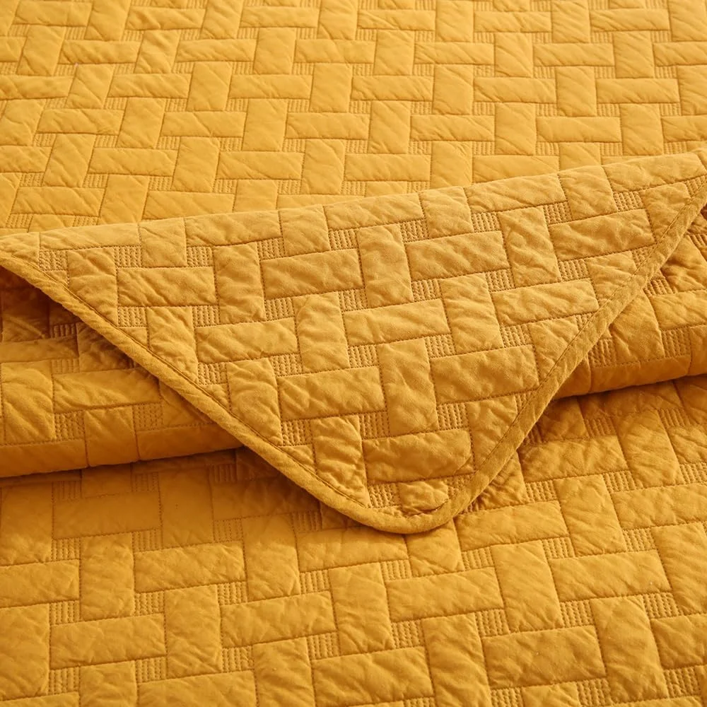 روتختی نخی ENASAL، روانداز تخت 220 در 240 سانتی متر به همراه 2 روبالشتی برای تخت دونفره، ست 3 تکه لحاف، لحاف نرم مناسب تمام فصل ها، طرح بافتنی، زرد، 230 در 250 سانتی متر