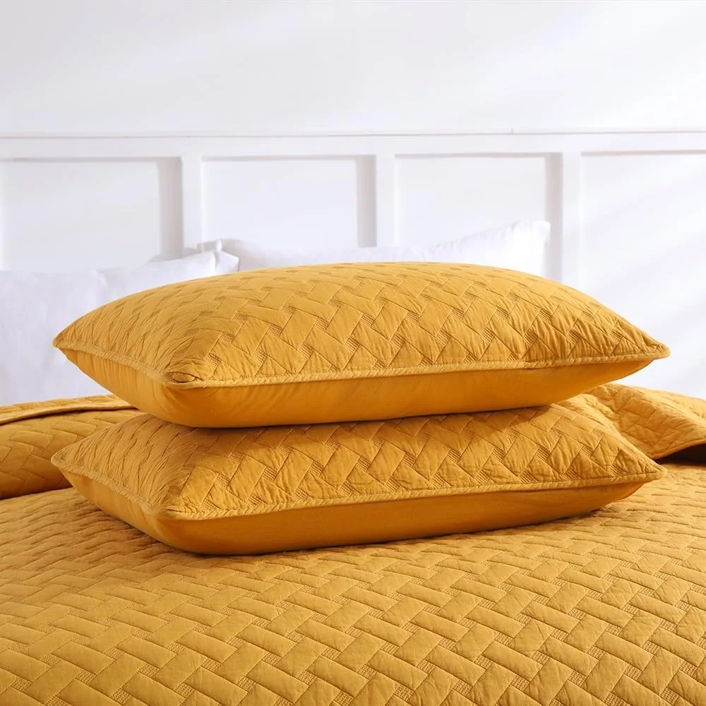 روتختی نخی ENASAL، روانداز تخت 220 در 240 سانتی متر به همراه 2 روبالشتی برای تخت دونفره، ست 3 تکه لحاف، لحاف نرم مناسب تمام فصل ها، طرح بافتنی، زرد، 230 در 250 سانتی متر