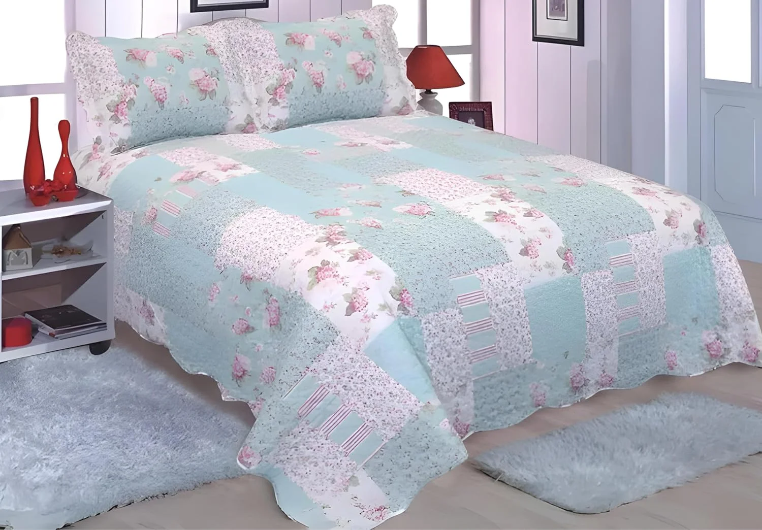 روتختی طرح گل رز انگلیسی، غنی از پنبه، پیش شسته شده، بدون آبرفت. مناسب به عنوان روتختی، رو تختی، لحاف تزئینی، روتختی سبک