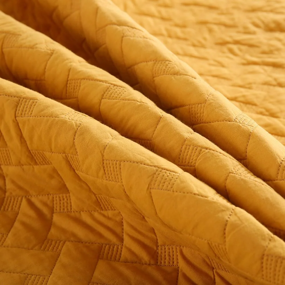 روتختی نخی ENASAL، روانداز تخت 220 در 240 سانتی متر به همراه 2 روبالشتی برای تخت دونفره، ست 3 تکه لحاف، لحاف نرم مناسب تمام فصل ها، طرح بافتنی، زرد، 230 در 250 سانتی متر