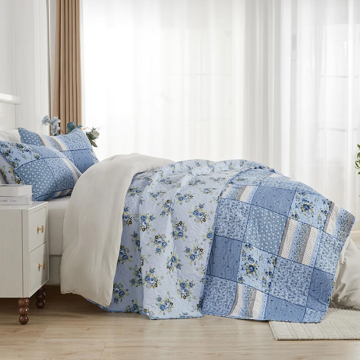 ست لحاف کالیفرنیا کینگ ENJOHOS سایز بزرگ 128x120، ست روتختی 3 تکه طرح چهارخانه آبی گلدار مناسب تمام فصول، ست روتختی تکه دوزی شده دو رو ست لحاف کالیفرنیا کینگ ENJOHOS سایز بزرگ 128x120، ست روتختی 3 تکه طرح چهارخانه آبی گلدار مناسب تمام فصول، ست روتختی تکه دوزی شده دو رو