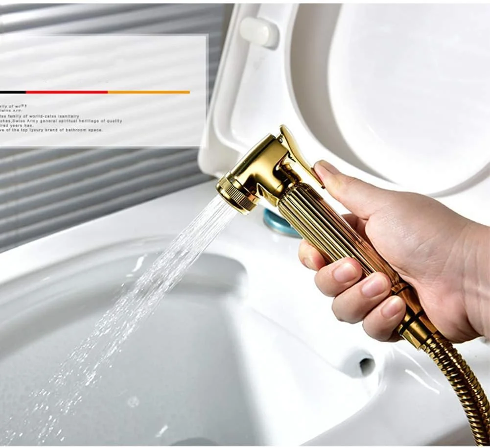 ست شیلنگ توالت فرنگی دستی برنجی Lquide، شیر دوش توالت، شیرآلات مسی، طلایی