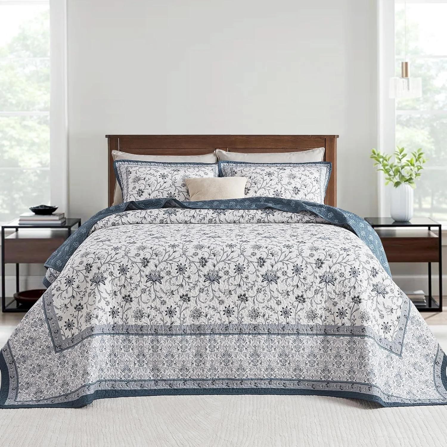 FineStichery Oversized King Bedspreads 128"x120" - 100% Cotton California King Quilt, Farmhouse Blue Floral Pattern, Extra Large Quilted Coverlet, Lightweight Reversible XL Bedding Set, 3 Pcs