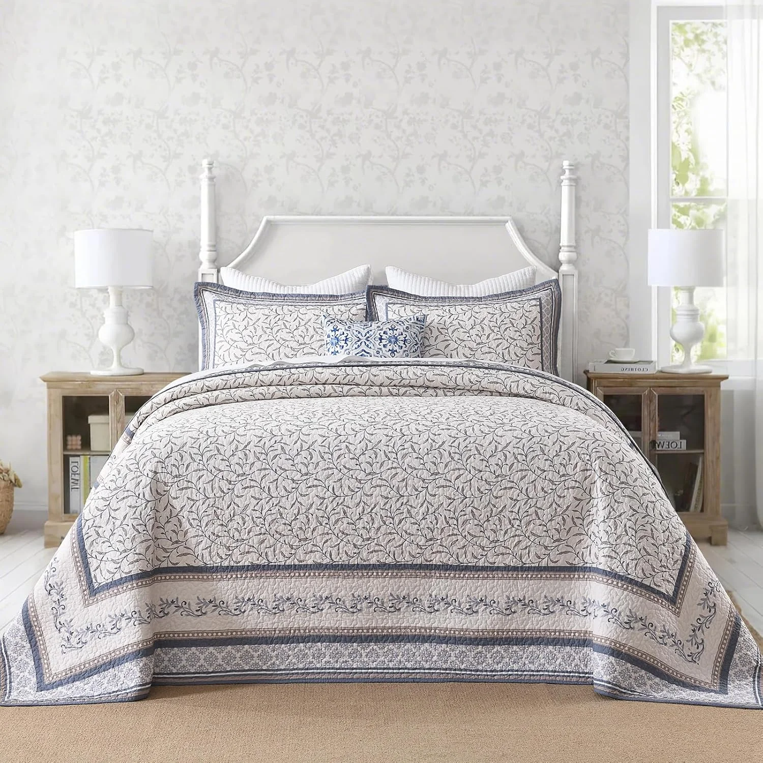 FineStichery Oversized King Bedspreads 120"x120" - 100% Cotton California King Quilt, Vintage Botanical Pattern, Extra Large Lightweight Reversible Quilted Bedspread Coverlet, 3 Pcs, Blue/Brown