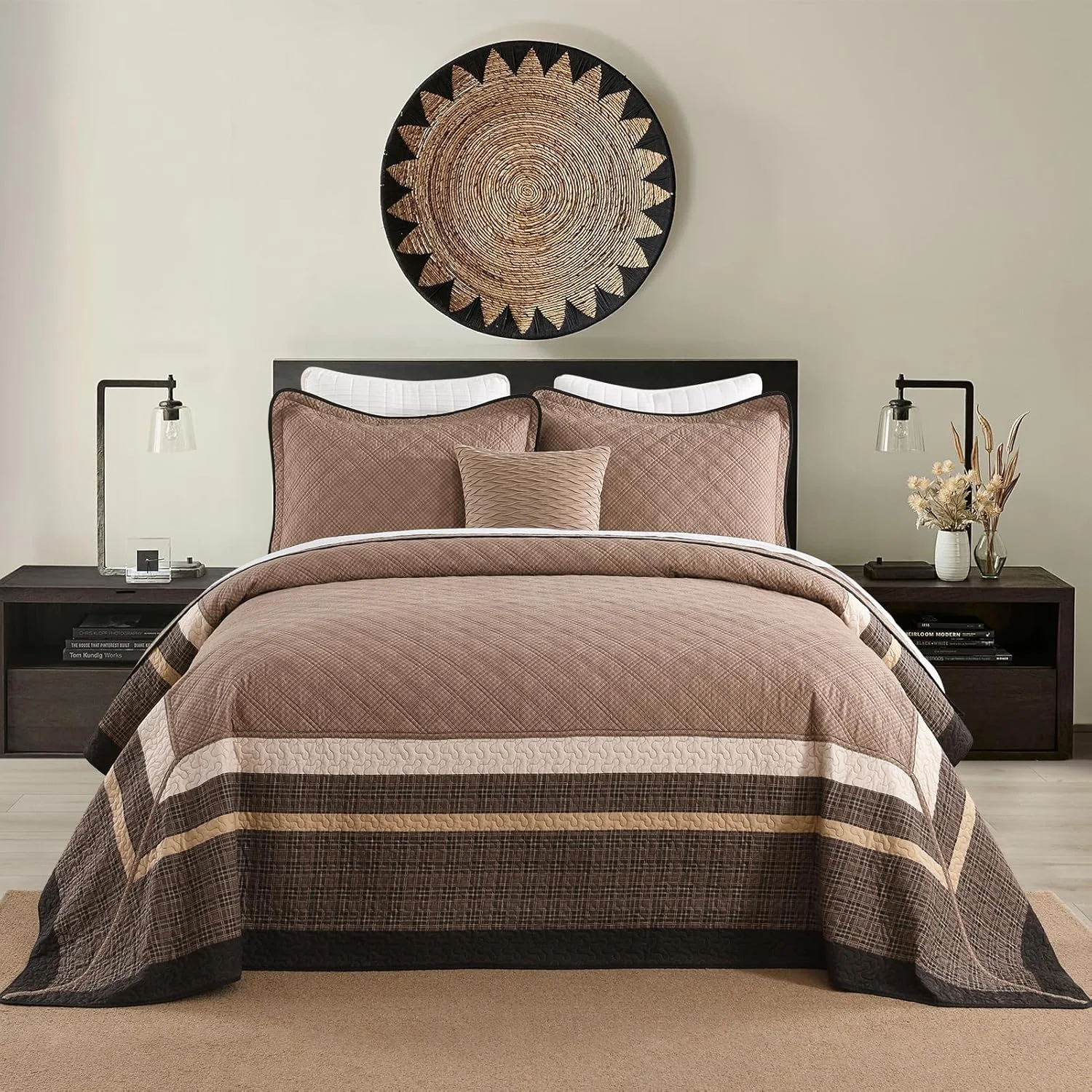 FineStichery Oversized Quilt Bedspread 128"x120" - 100% Cotton Farmhouse California King Bedspreads Coverlet Set with Pillow Shams, Lightweight Quilted Bed Cover, 3 Piece, Brown/Beige