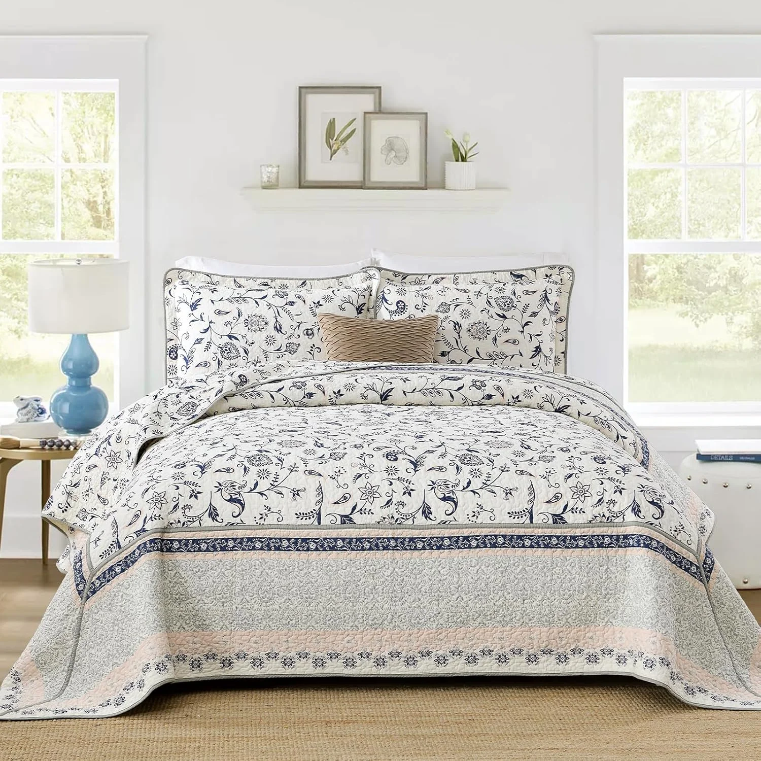 FineStichery 100% Cotton Oversized Quilt Bedspread 128"x120", Lightweight King Bedspreads Coverlets, Extra Large Floral Quilt, Quilted Reversible Bedding Cover, 3 Piece, Navy
