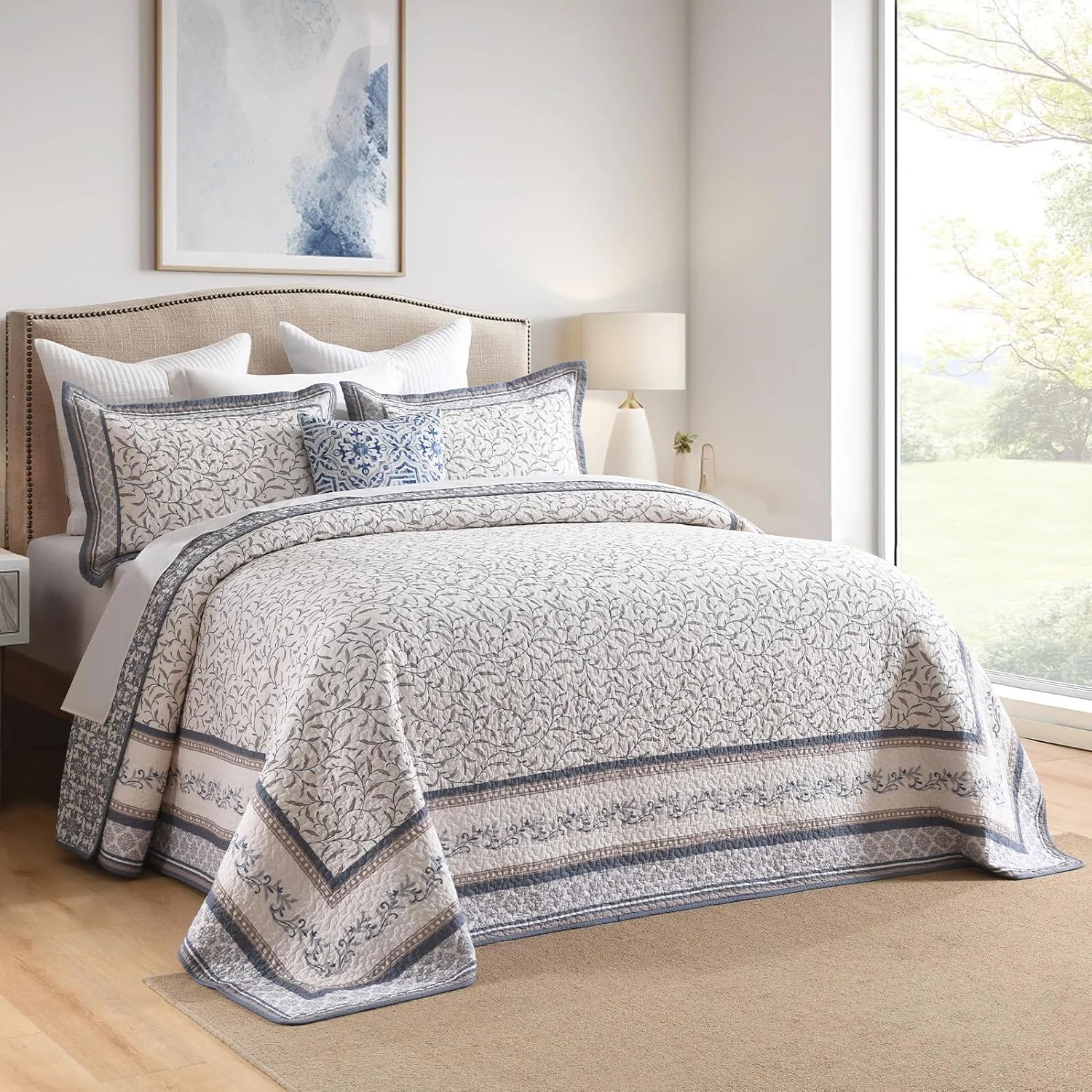 FineStichery Oversized King Bedspreads 120"x120" - 100% Cotton California King Quilt, Vintage Botanical Pattern, Extra Large Lightweight Reversible Quilted Bedspread Coverlet, 3 Pcs, Blue/Brown