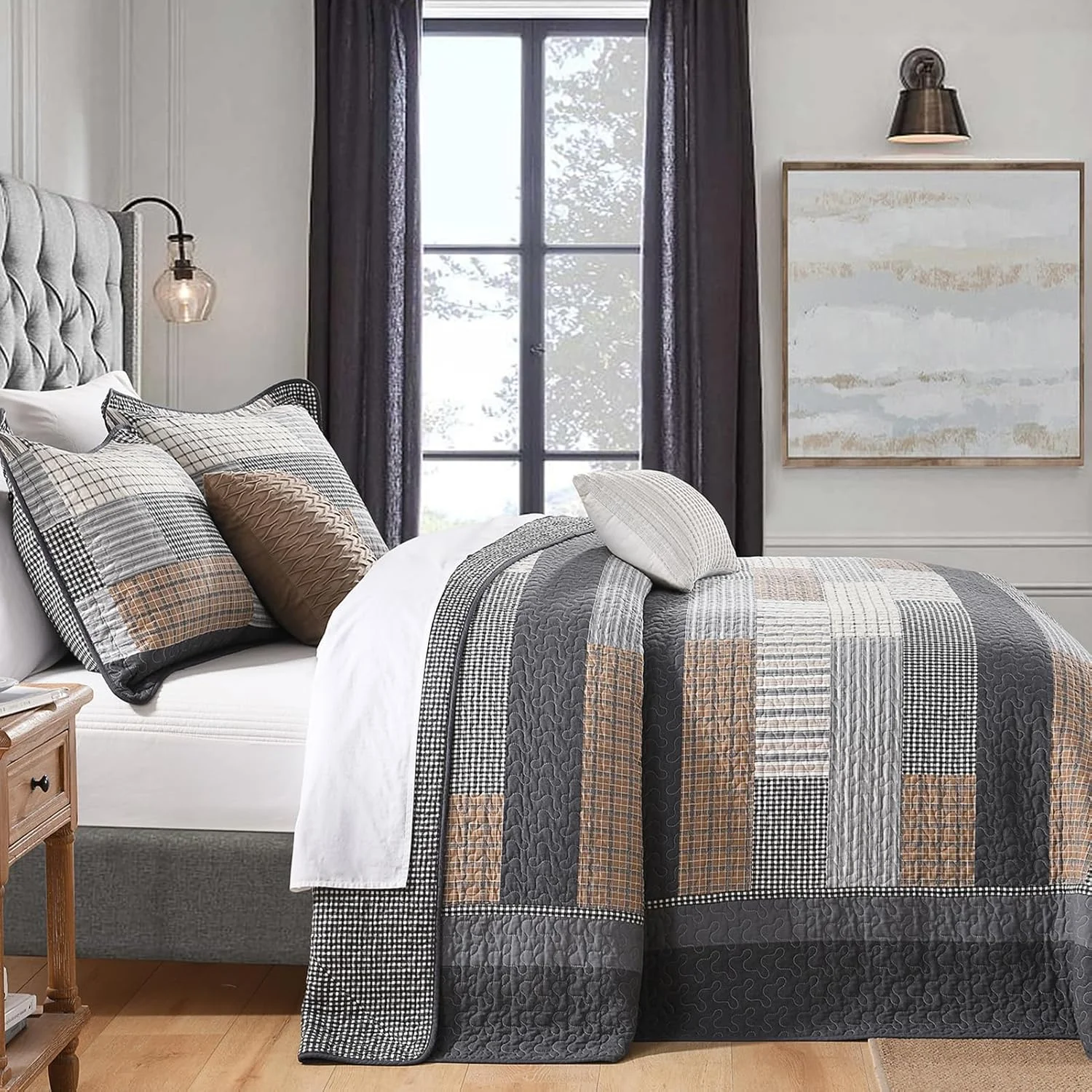 FineStichery Oversized King Quilt Bedspread 120"x120" - 100% Cotton Farmhouse Bedspreads Coverlet Set, Quilted Patchwork Bedding Cover, Lightweight, Reversible, 3 Pieces, Grey/Brown/Beige