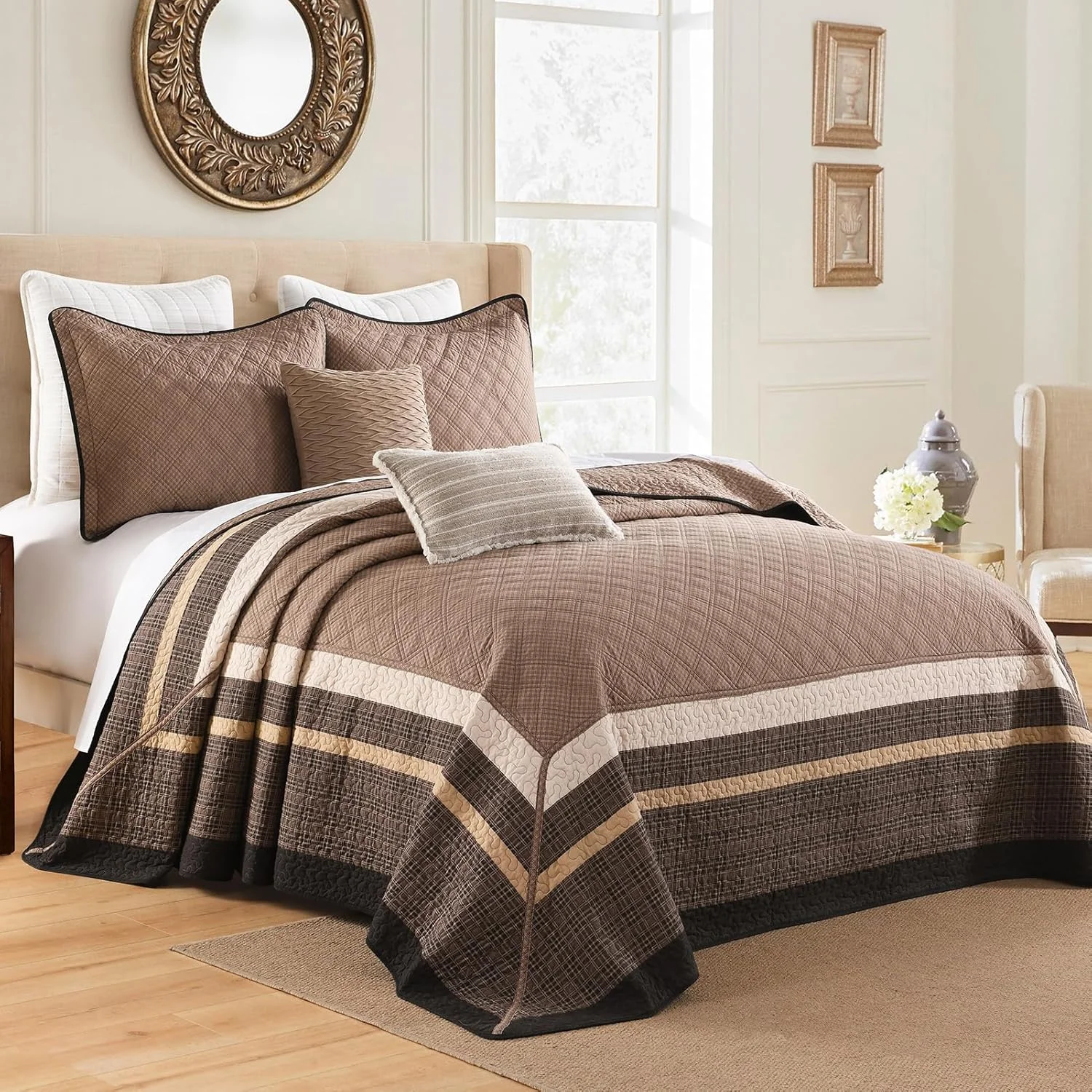 FineStichery Oversized Quilt Bedspread 128"x120" - 100% Cotton Farmhouse California King Bedspreads Coverlet Set with Pillow Shams, Lightweight Quilted Bed Cover, 3 Piece, Brown/Beige