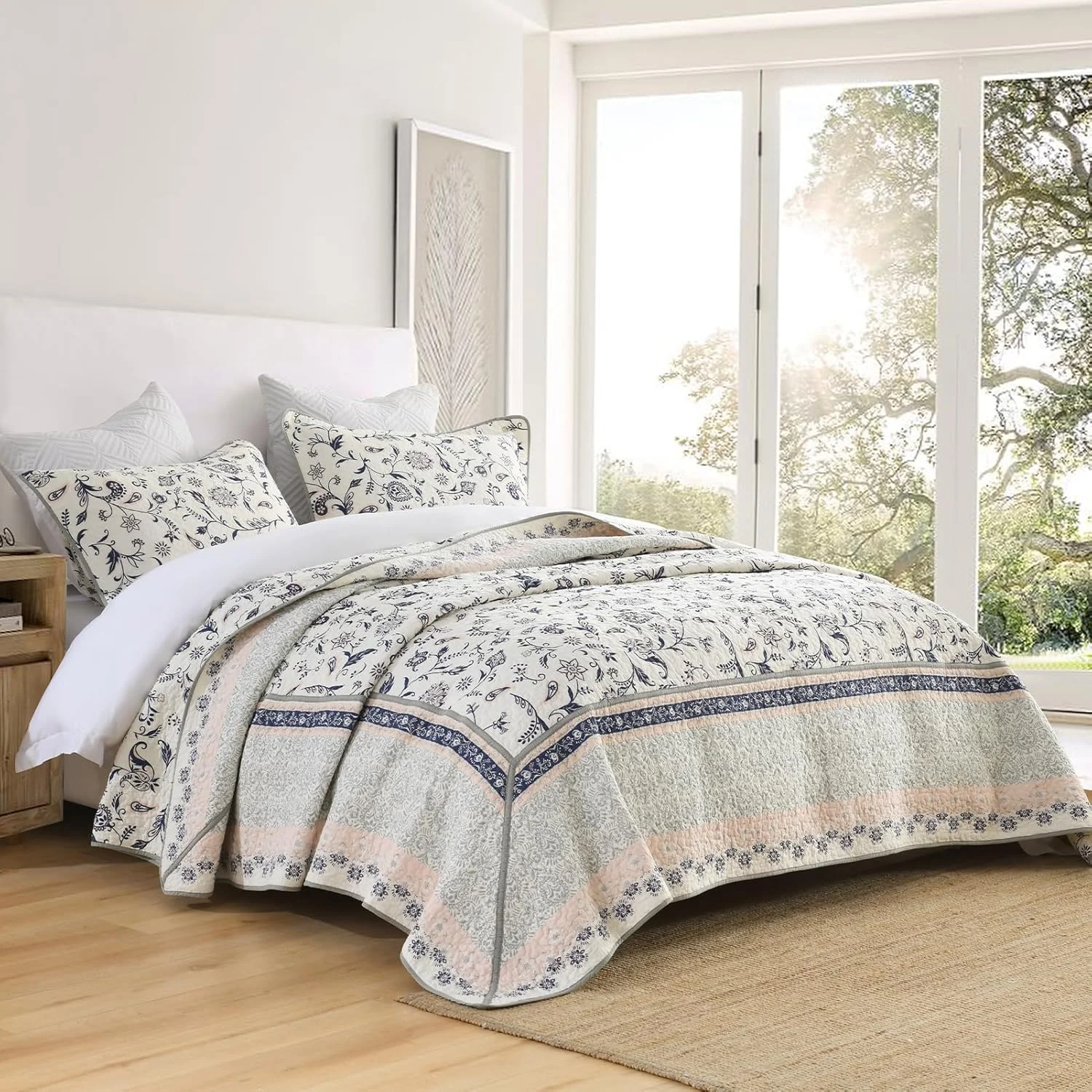 FineStichery 100% Cotton Oversized Quilt Bedspread 128"x120", Lightweight King Bedspreads Coverlets, Extra Large Floral Quilt, Quilted Reversible Bedding Cover, 3 Piece, Navy