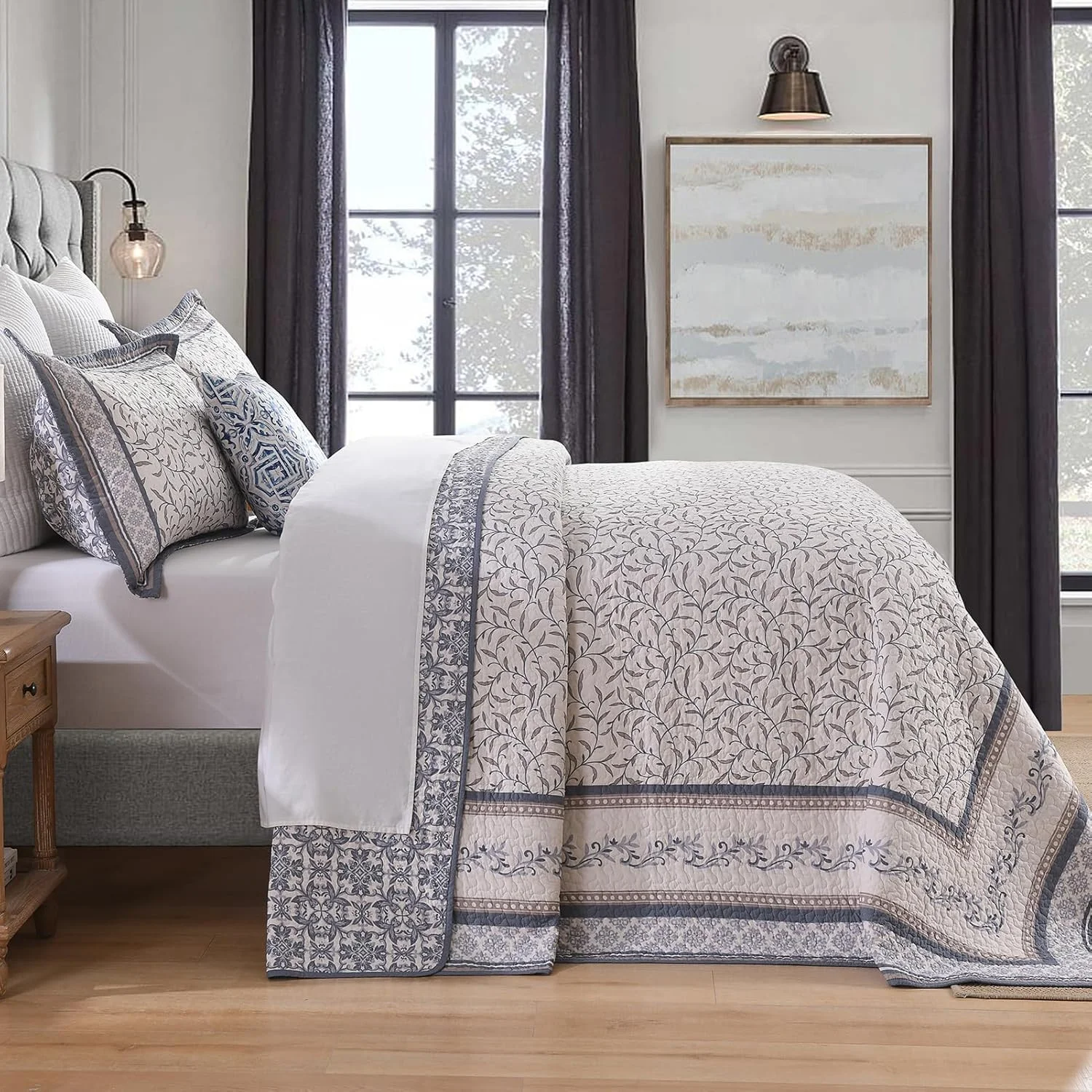 FineStichery Oversized King Bedspreads 120"x120" - 100% Cotton California King Quilt, Vintage Botanical Pattern, Extra Large Lightweight Reversible Quilted Bedspread Coverlet, 3 Pcs, Blue/Brown