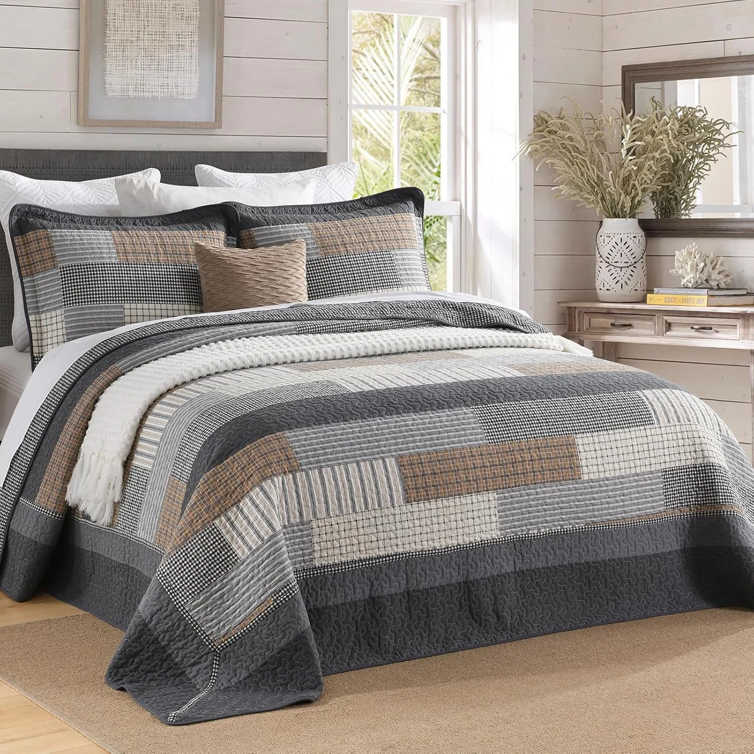 FineStichery Oversized King Quilt Bedspread 120"x120" - 100% Cotton Farmhouse Bedspreads Coverlet Set, Quilted Patchwork Bedding Cover, Lightweight, Reversible, 3 Pieces, Grey/Brown/Beige