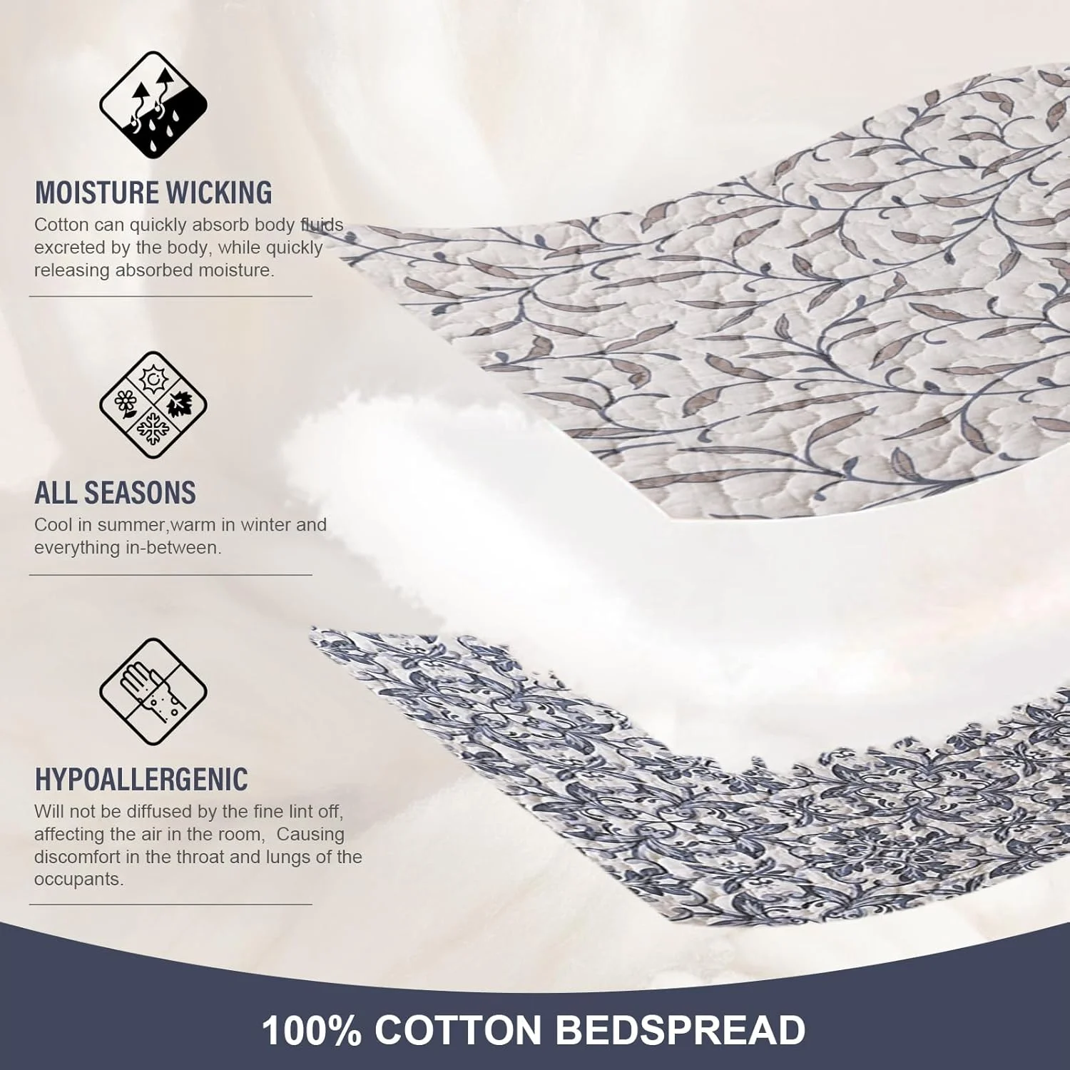 FineStichery Oversized King Bedspreads 120"x120" - 100% Cotton California King Quilt, Vintage Botanical Pattern, Extra Large Lightweight Reversible Quilted Bedspread Coverlet, 3 Pcs, Blue/Brown