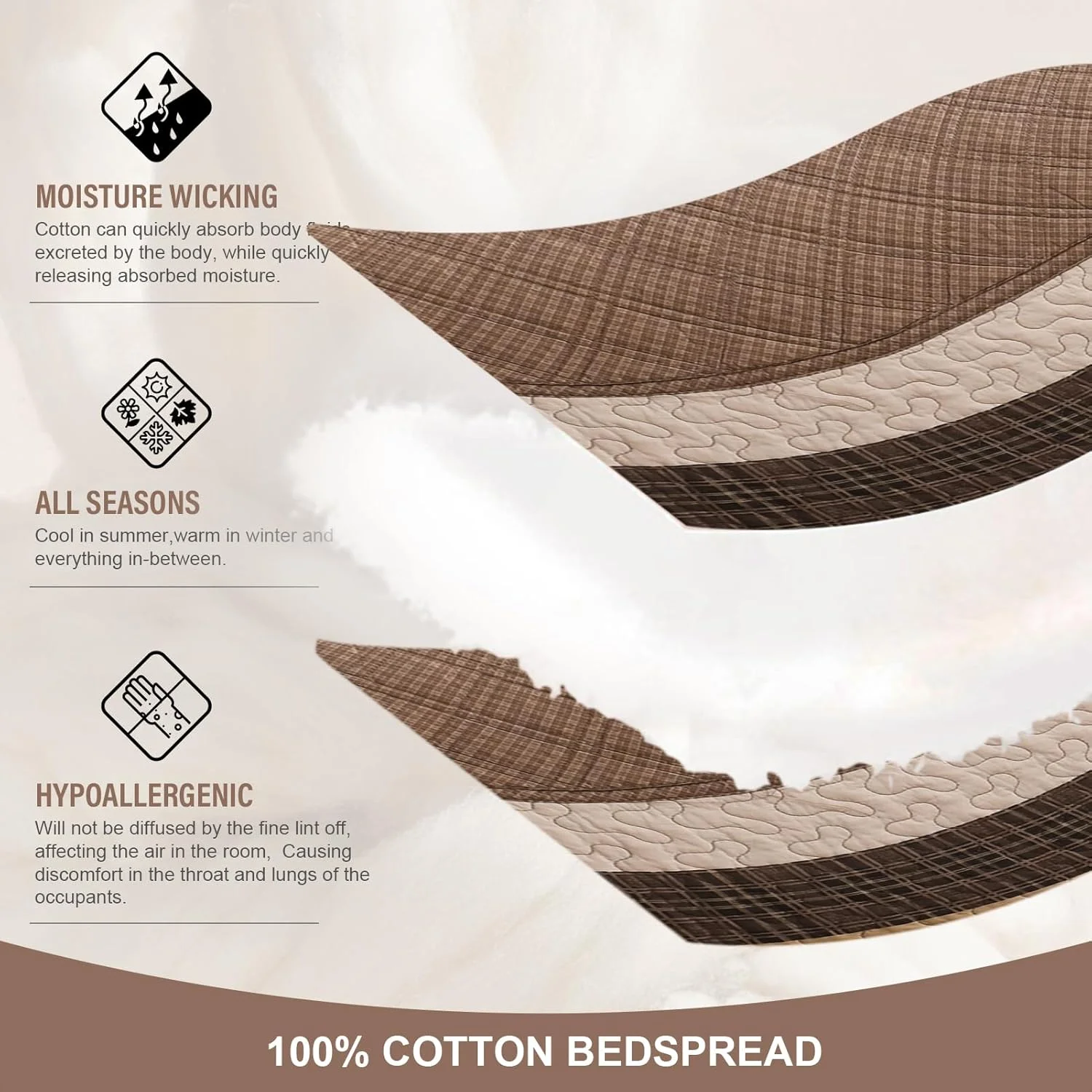 FineStichery Oversized Quilt Bedspread 128"x120" - 100% Cotton Farmhouse California King Bedspreads Coverlet Set with Pillow Shams, Lightweight Quilted Bed Cover, 3 Piece, Brown/Beige