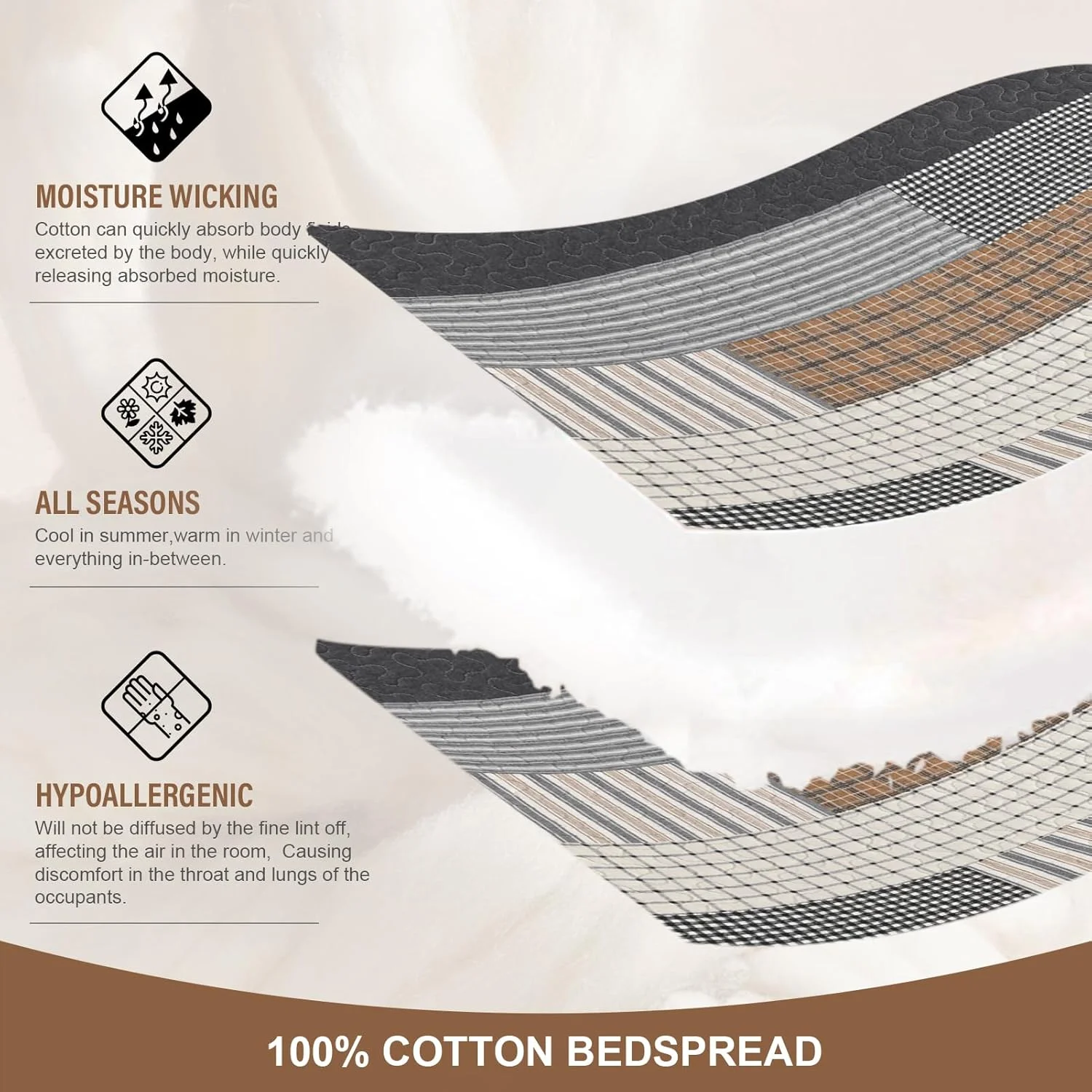 FineStichery Oversized King Quilt Bedspread 120"x120" - 100% Cotton Farmhouse Bedspreads Coverlet Set, Quilted Patchwork Bedding Cover, Lightweight, Reversible, 3 Pieces, Grey/Brown/Beige