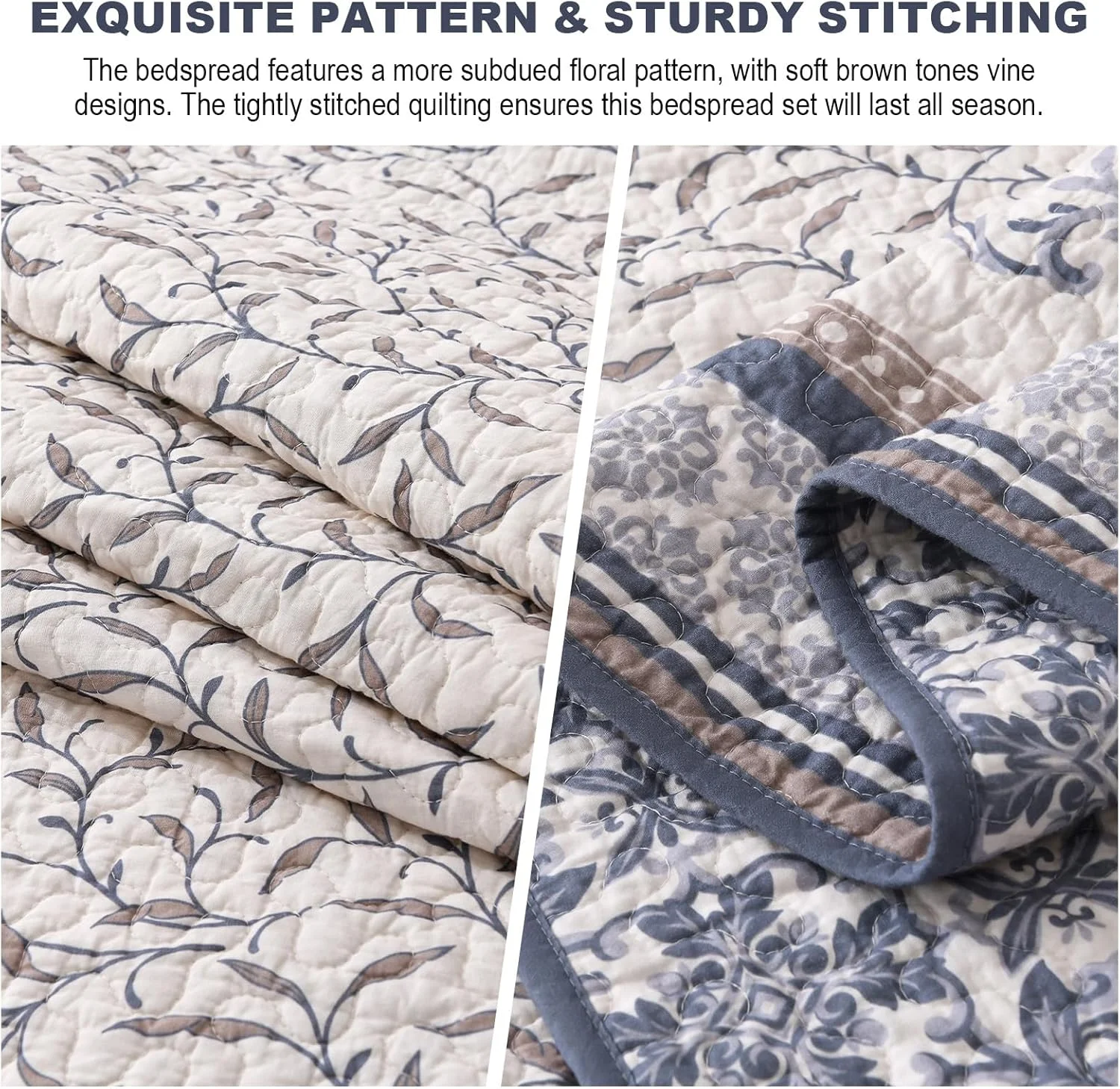 FineStichery Oversized King Bedspreads 120"x120" - 100% Cotton California King Quilt, Vintage Botanical Pattern, Extra Large Lightweight Reversible Quilted Bedspread Coverlet, 3 Pcs, Blue/Brown