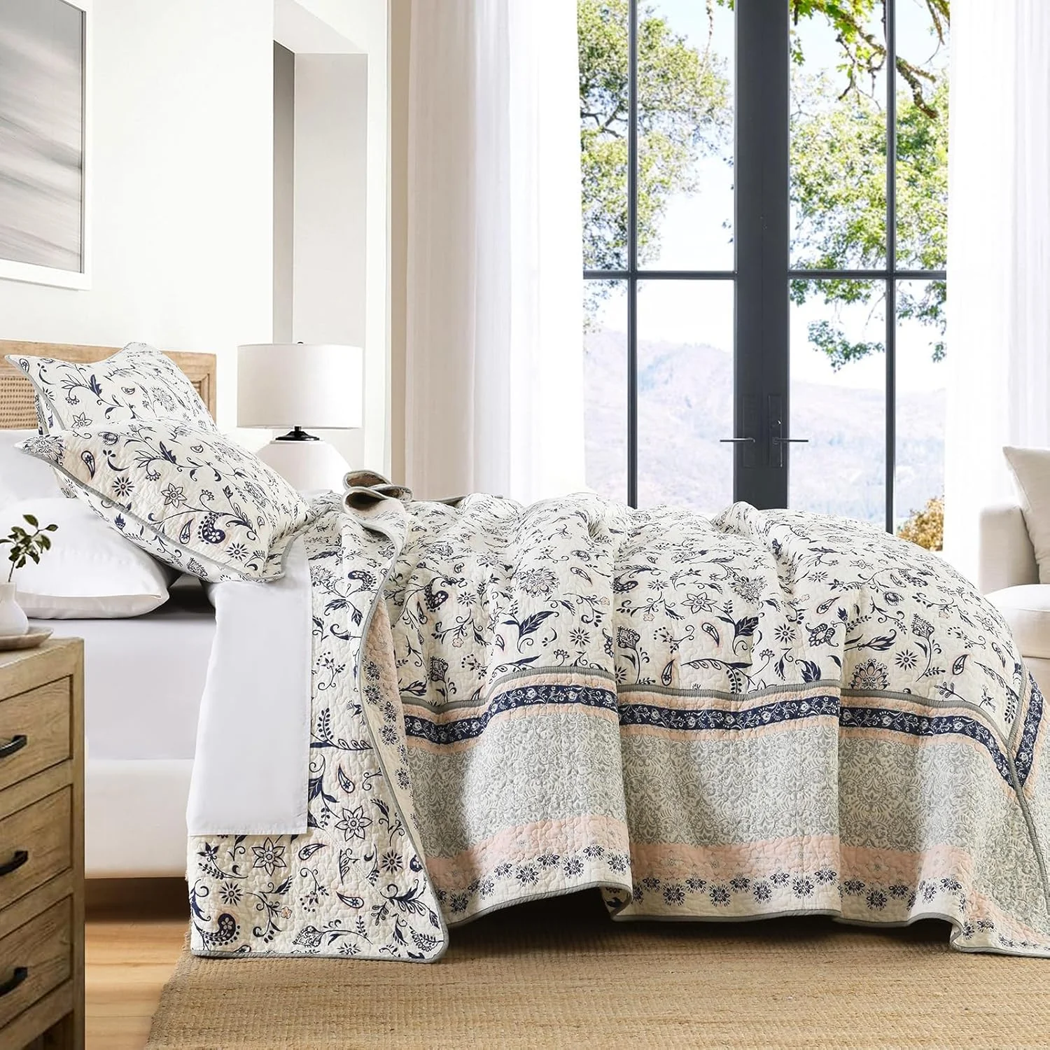 FineStichery 100% Cotton Oversized Quilt Bedspread 128"x120", Lightweight King Bedspreads Coverlets, Extra Large Floral Quilt, Quilted Reversible Bedding Cover, 3 Piece, Navy