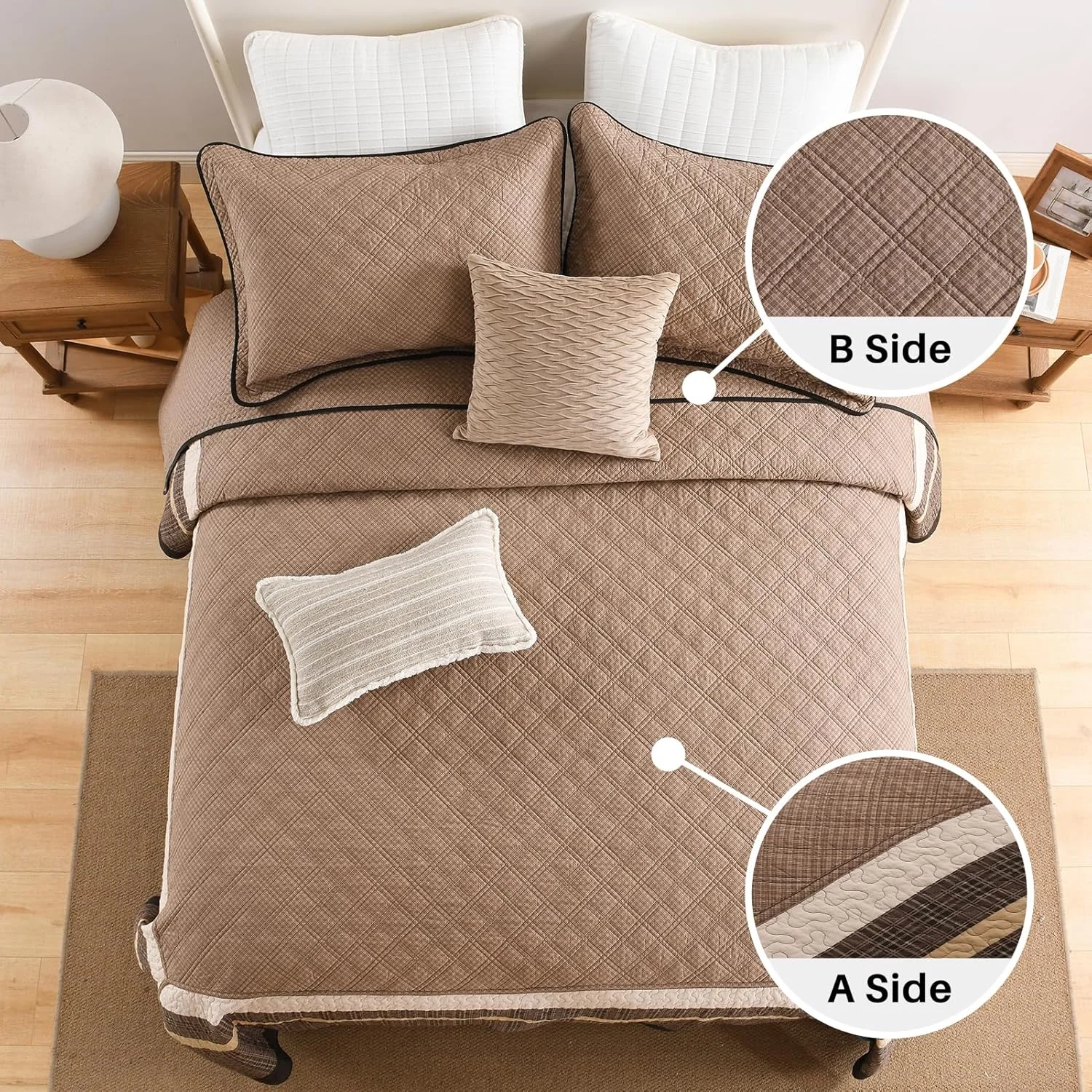 FineStichery Oversized Quilt Bedspread 128"x120" - 100% Cotton Farmhouse California King Bedspreads Coverlet Set with Pillow Shams, Lightweight Quilted Bed Cover, 3 Piece, Brown/Beige