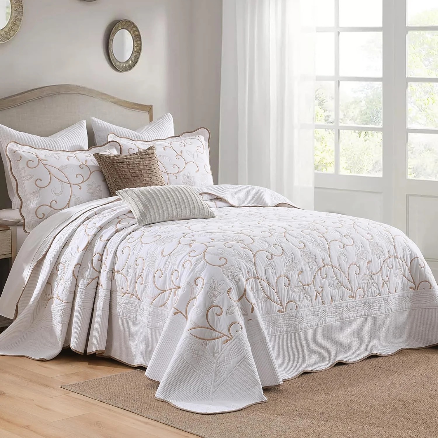ست روتختی لحاف دار پنبه ای 100% فاین استیچری، سایز بزرگ 325x305 سانتی متر، روتختی کالیفرنیا کینگ فوق العاده بزرگ با روبالشی، روکش لحاف دوزی شده سبک وزن 3 تکه، سفید/بژ ست روتختی لحاف دار پنبه ای 100% فاین استیچری، سایز بزرگ 325x305 سانتی متر، روتختی کالیفرنیا کینگ فوق العاده بزرگ با روبالشی، روکش لحاف دوزی شده سبک وزن 3 تکه، سفید/بژ