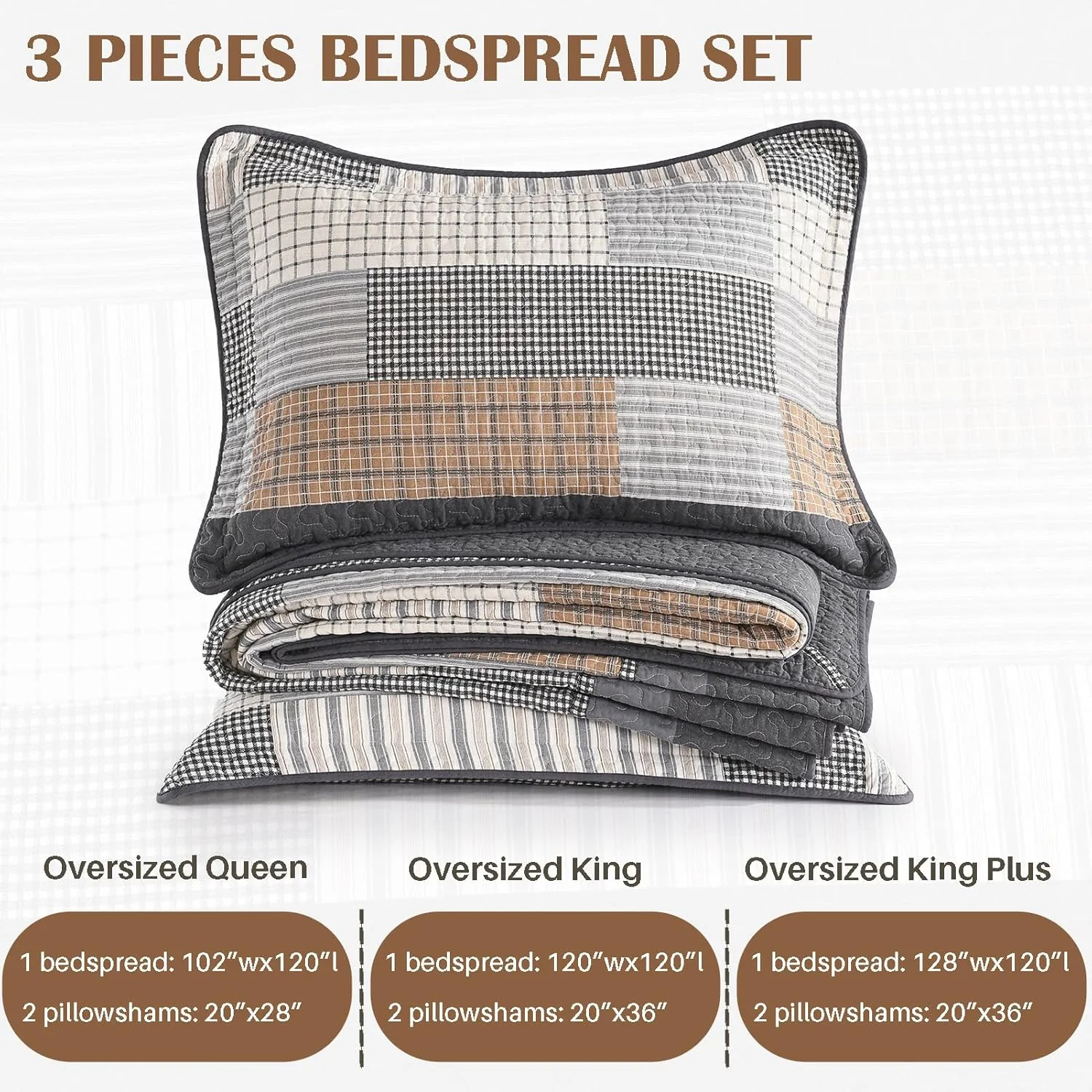 FineStichery Oversized King Quilt Bedspread 120"x120" - 100% Cotton Farmhouse Bedspreads Coverlet Set, Quilted Patchwork Bedding Cover, Lightweight, Reversible, 3 Pieces, Grey/Brown/Beige
