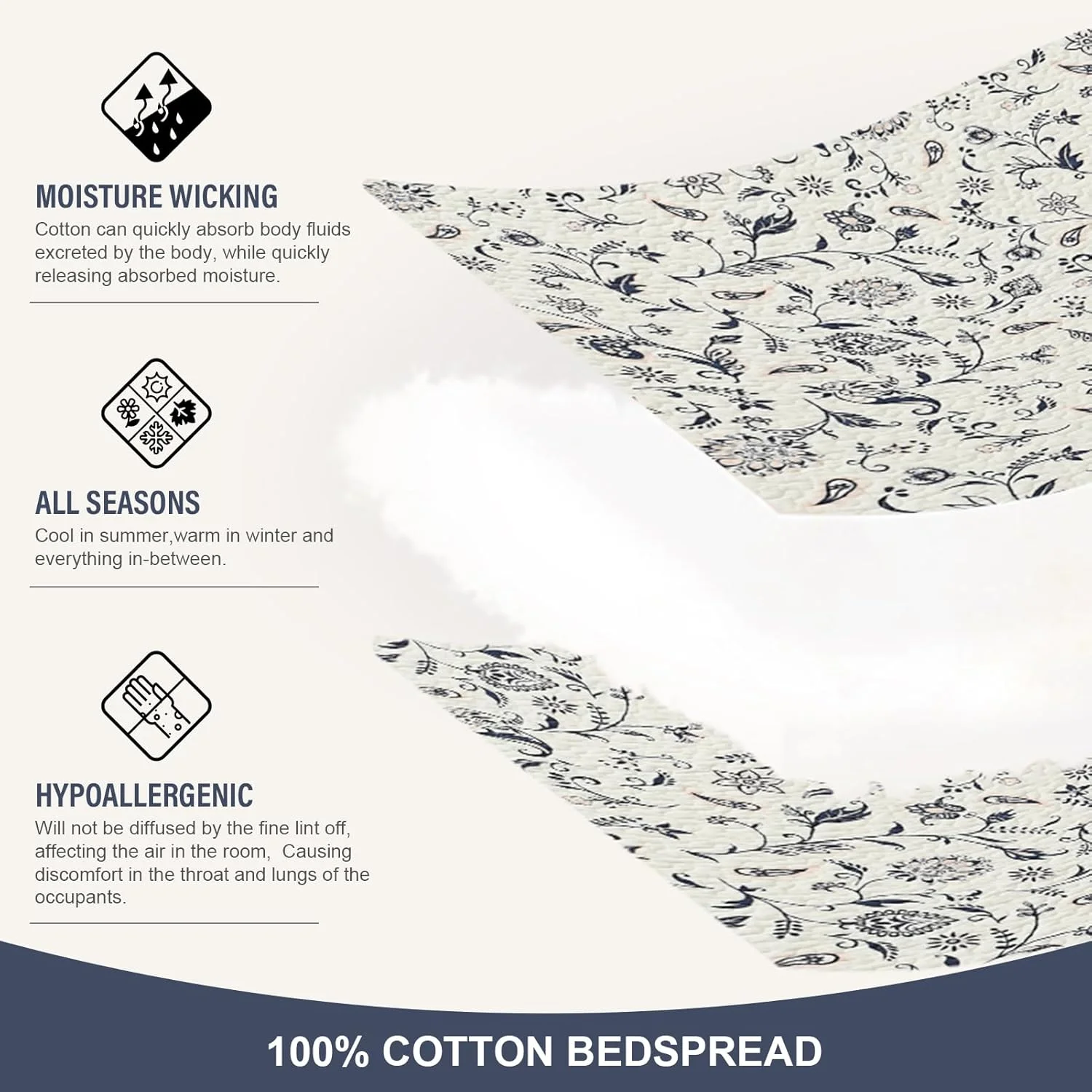 FineStichery 100% Cotton Oversized Quilt Bedspread 128"x120", Lightweight King Bedspreads Coverlets, Extra Large Floral Quilt, Quilted Reversible Bedding Cover, 3 Piece, Navy