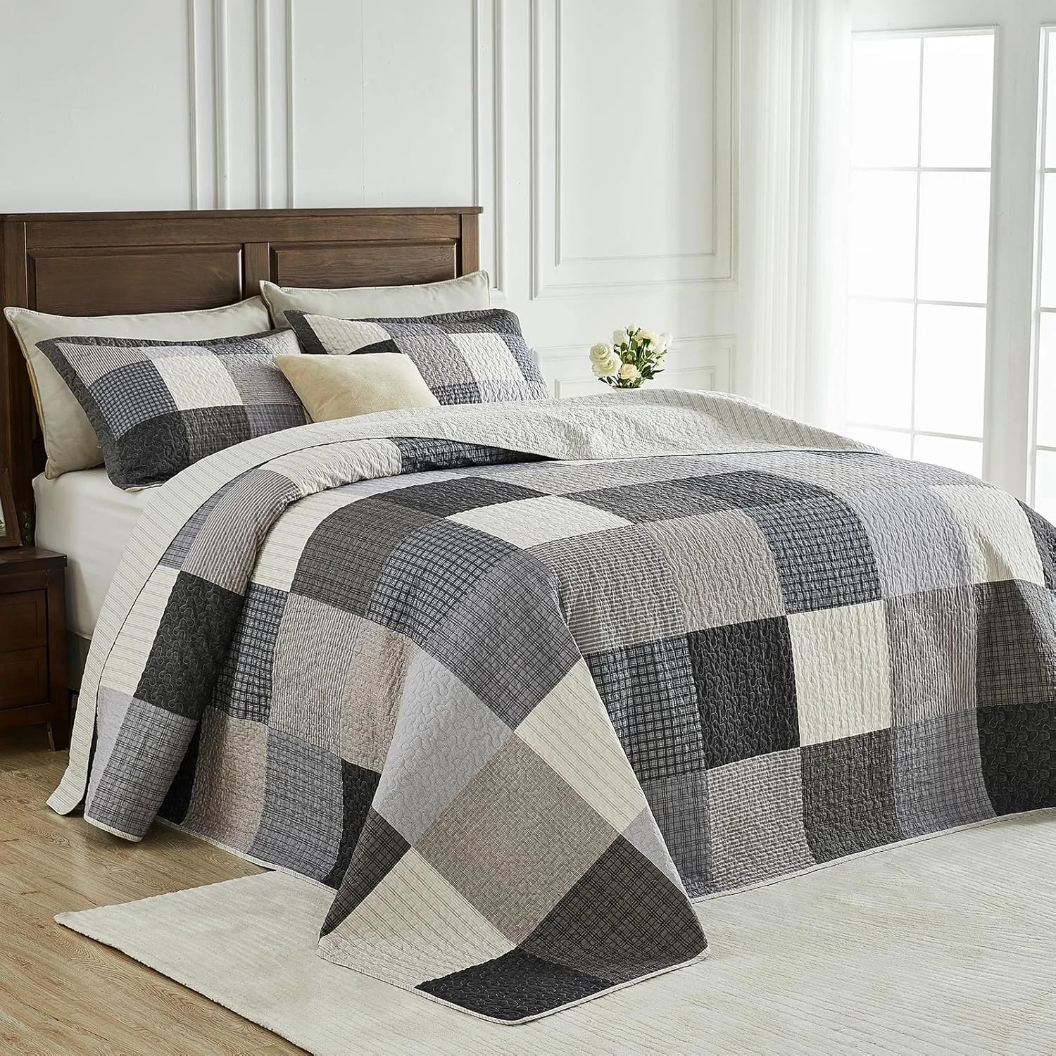 روتختی کینگ سایز بزرگ FineStichery، 305x305 سانتی متر، لحاف سوپر کینگ 100% پنبه، رو تختی طرح چهارخانه روستایی، ست روتختی لحافی سبک وزن دو رو، 3 تکه، مناسب تمام فصول، خاکستری