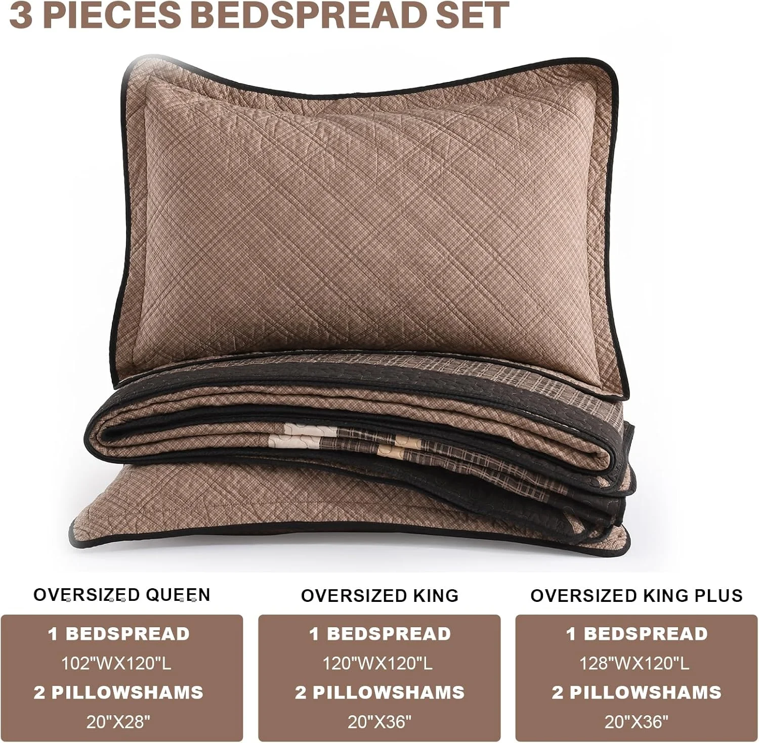 FineStichery Oversized Quilt Bedspread 128"x120" - 100% Cotton Farmhouse California King Bedspreads Coverlet Set with Pillow Shams, Lightweight Quilted Bed Cover, 3 Piece, Brown/Beige