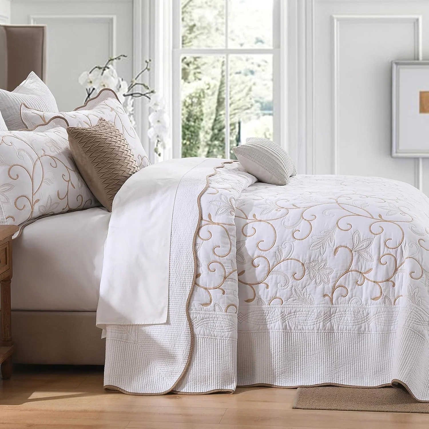 ست روتختی لحاف دار پنبه ای 100% فاین استیچری، سایز بزرگ 325x305 سانتی متر، روتختی کالیفرنیا کینگ فوق العاده بزرگ با روبالشی، روکش لحاف دوزی شده سبک وزن 3 تکه، سفید/بژ ست روتختی لحاف دار پنبه ای 100% فاین استیچری، سایز بزرگ 325x305 سانتی متر، روتختی کالیفرنیا کینگ فوق العاده بزرگ با روبالشی، روکش لحاف دوزی شده سبک وزن 3 تکه، سفید/بژ