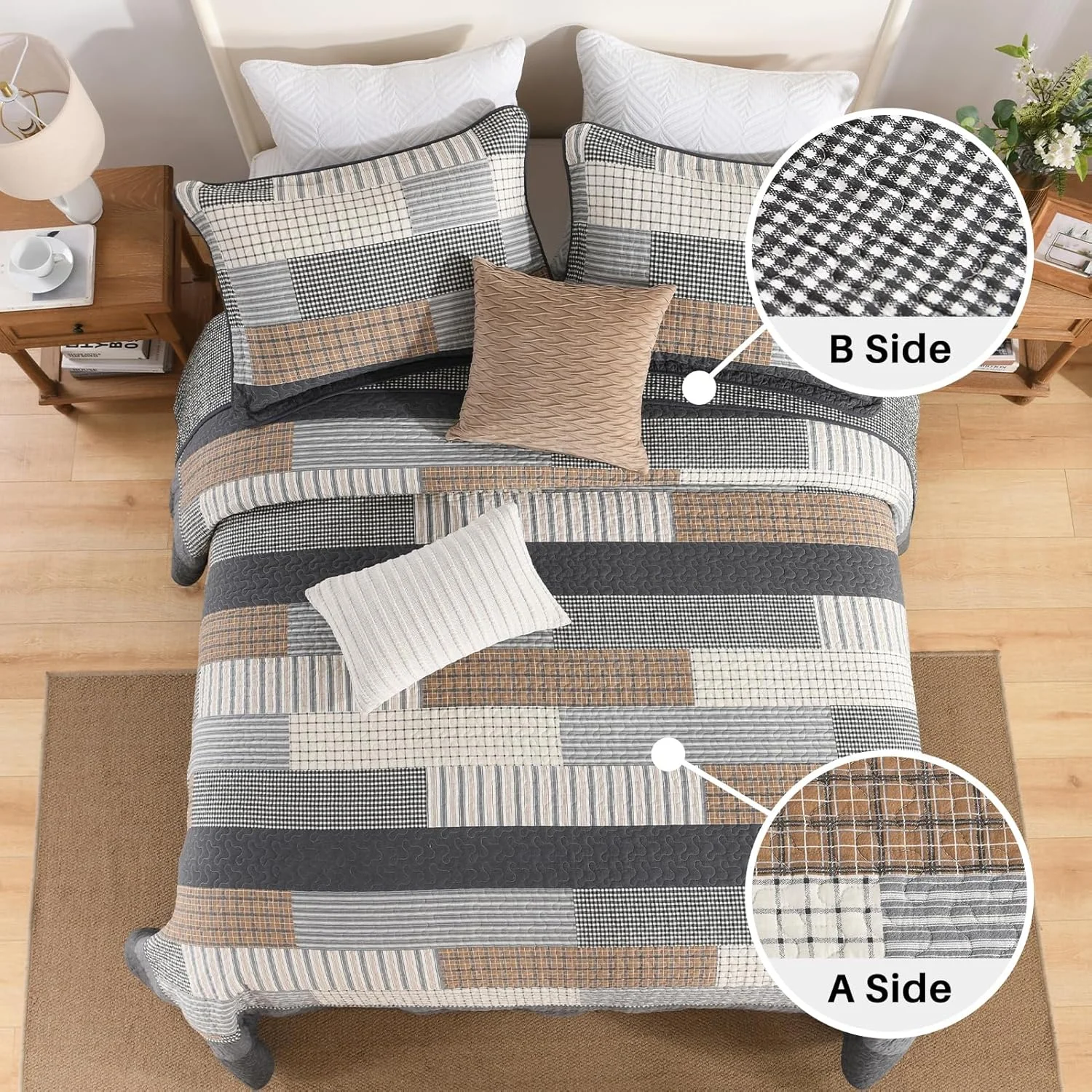 FineStichery Oversized King Quilt Bedspread 120"x120" - 100% Cotton Farmhouse Bedspreads Coverlet Set, Quilted Patchwork Bedding Cover, Lightweight, Reversible, 3 Pieces, Grey/Brown/Beige