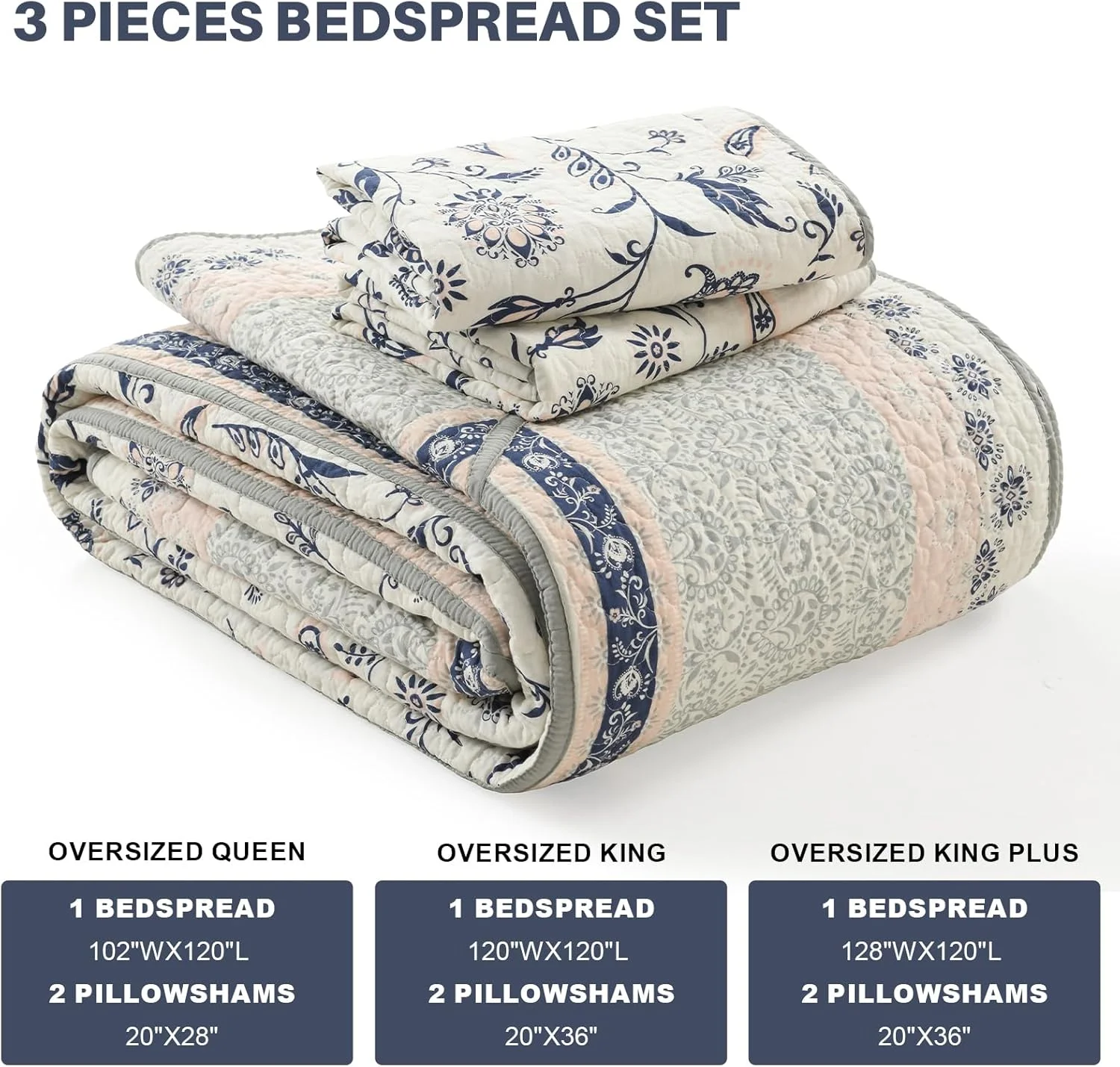 FineStichery 100% Cotton Oversized Quilt Bedspread 128"x120", Lightweight King Bedspreads Coverlets, Extra Large Floral Quilt, Quilted Reversible Bedding Cover, 3 Piece, Navy