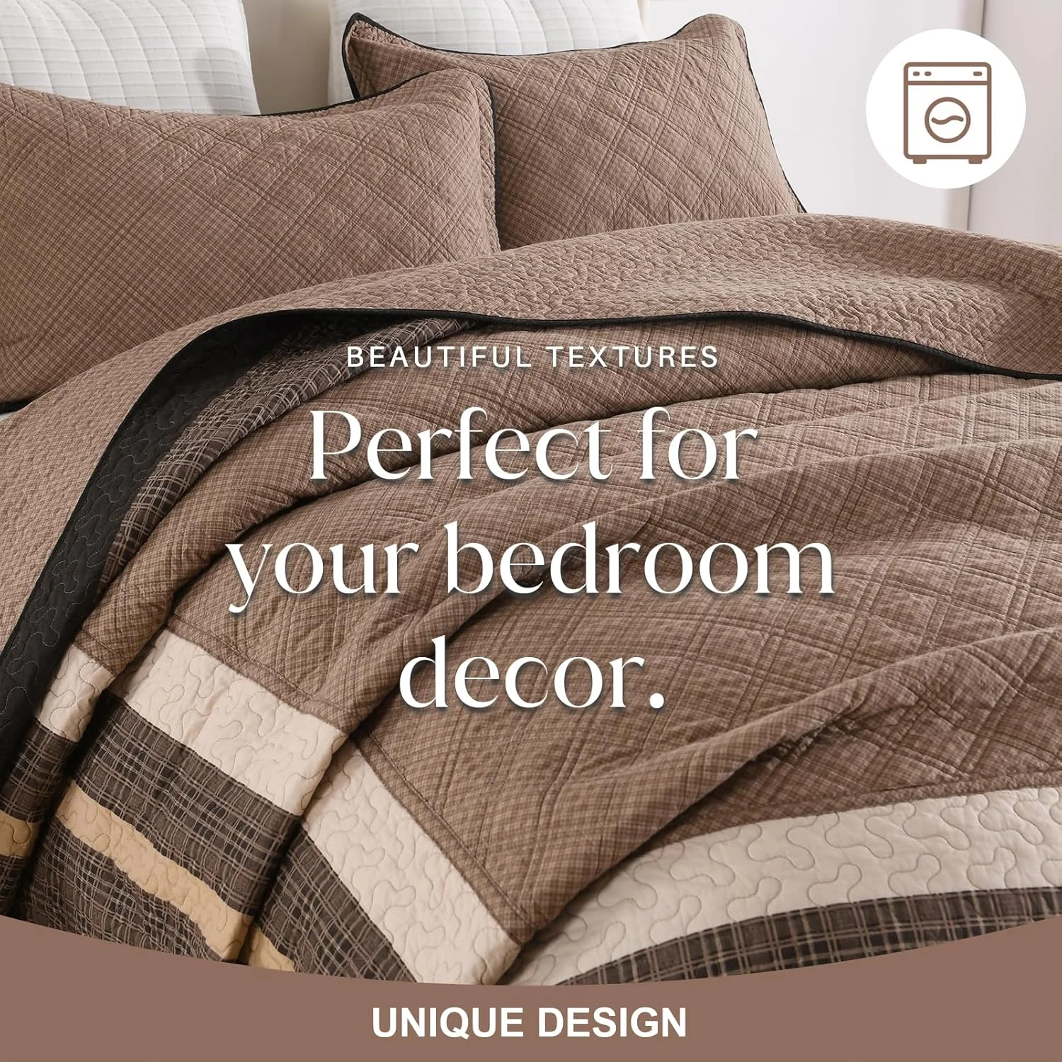 FineStichery Oversized Quilt Bedspread 128"x120" - 100% Cotton Farmhouse California King Bedspreads Coverlet Set with Pillow Shams, Lightweight Quilted Bed Cover, 3 Piece, Brown/Beige