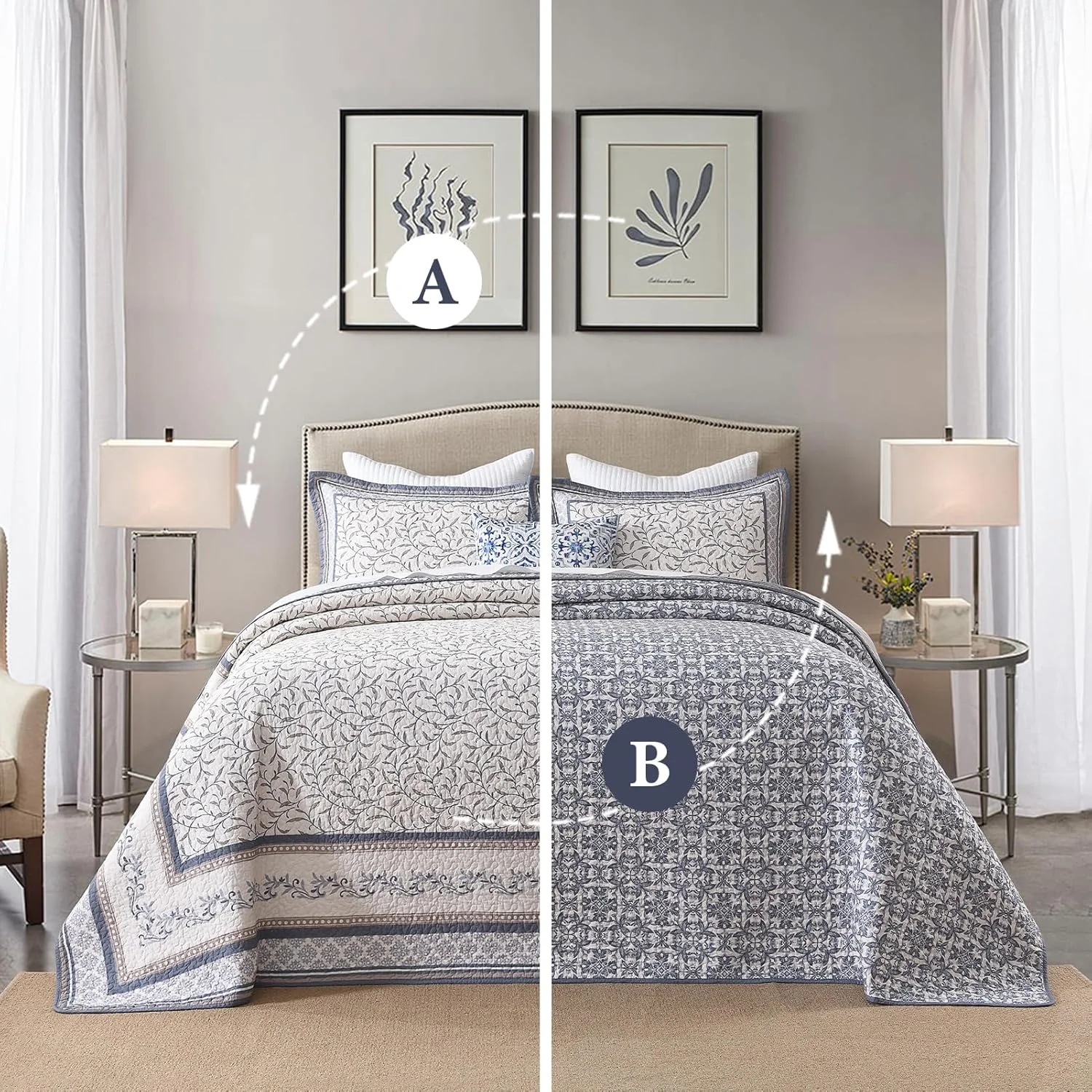 FineStichery Oversized King Bedspreads 120"x120" - 100% Cotton California King Quilt, Vintage Botanical Pattern, Extra Large Lightweight Reversible Quilted Bedspread Coverlet, 3 Pcs, Blue/Brown