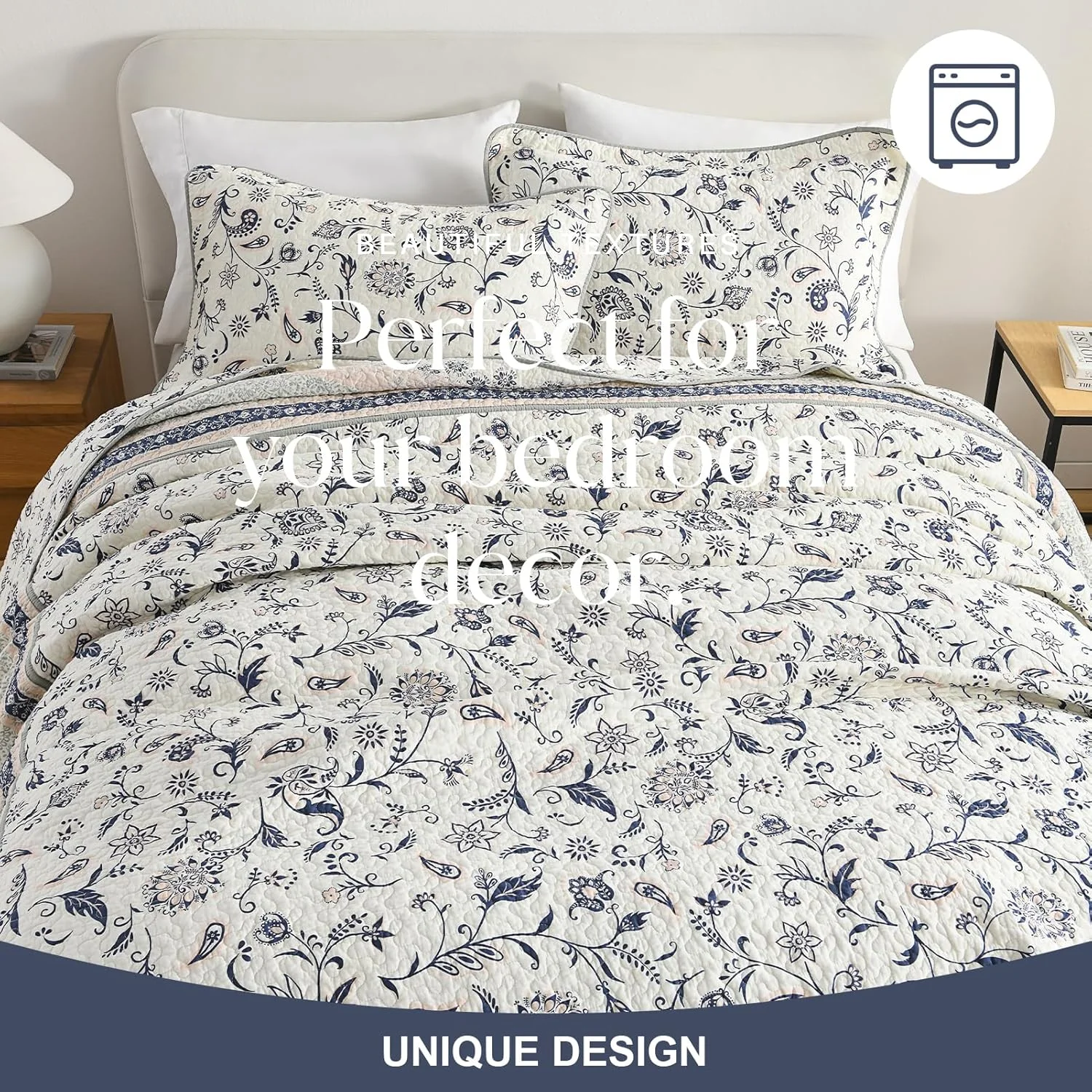 FineStichery 100% Cotton Oversized Quilt Bedspread 128"x120", Lightweight King Bedspreads Coverlets, Extra Large Floral Quilt, Quilted Reversible Bedding Cover, 3 Piece, Navy