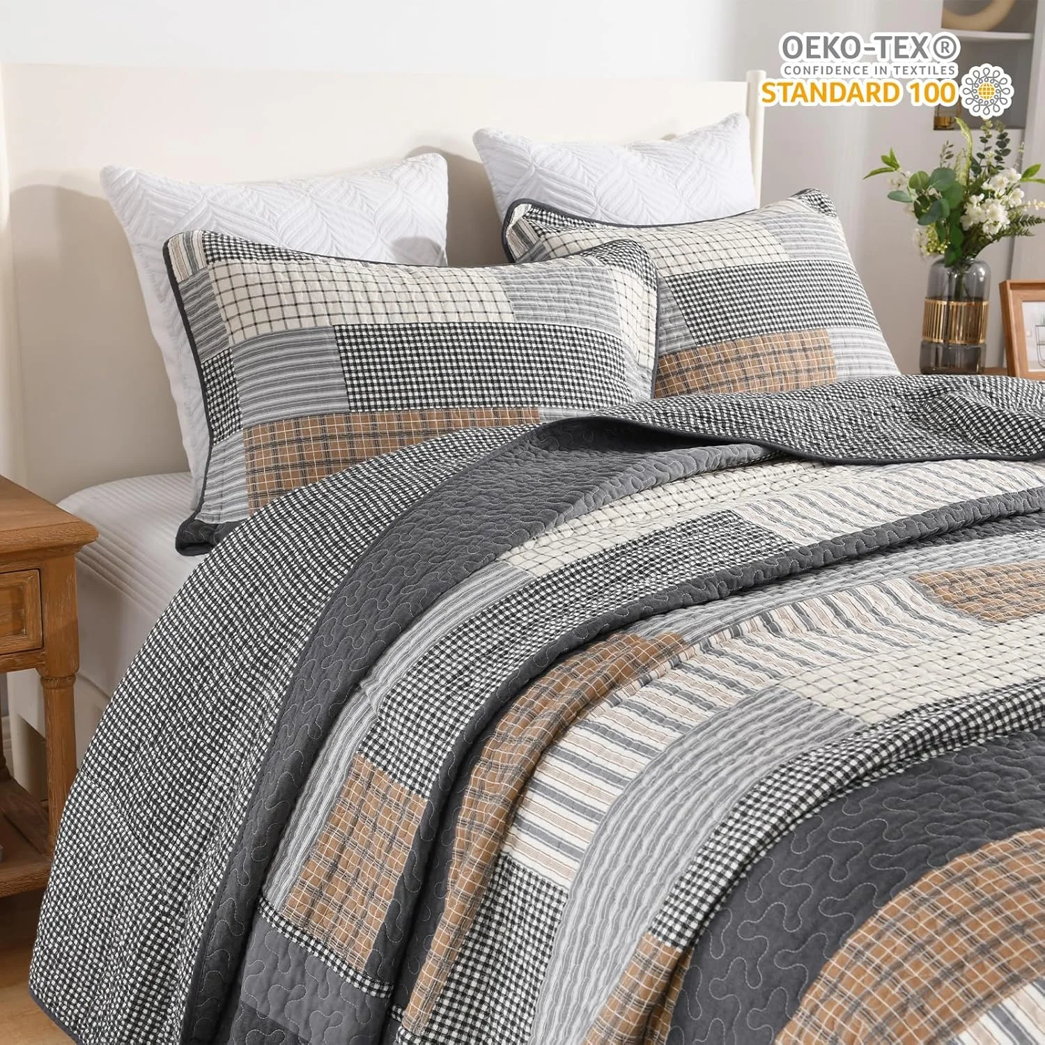 FineStichery Oversized King Quilt Bedspread 120"x120" - 100% Cotton Farmhouse Bedspreads Coverlet Set, Quilted Patchwork Bedding Cover, Lightweight, Reversible, 3 Pieces, Grey/Brown/Beige