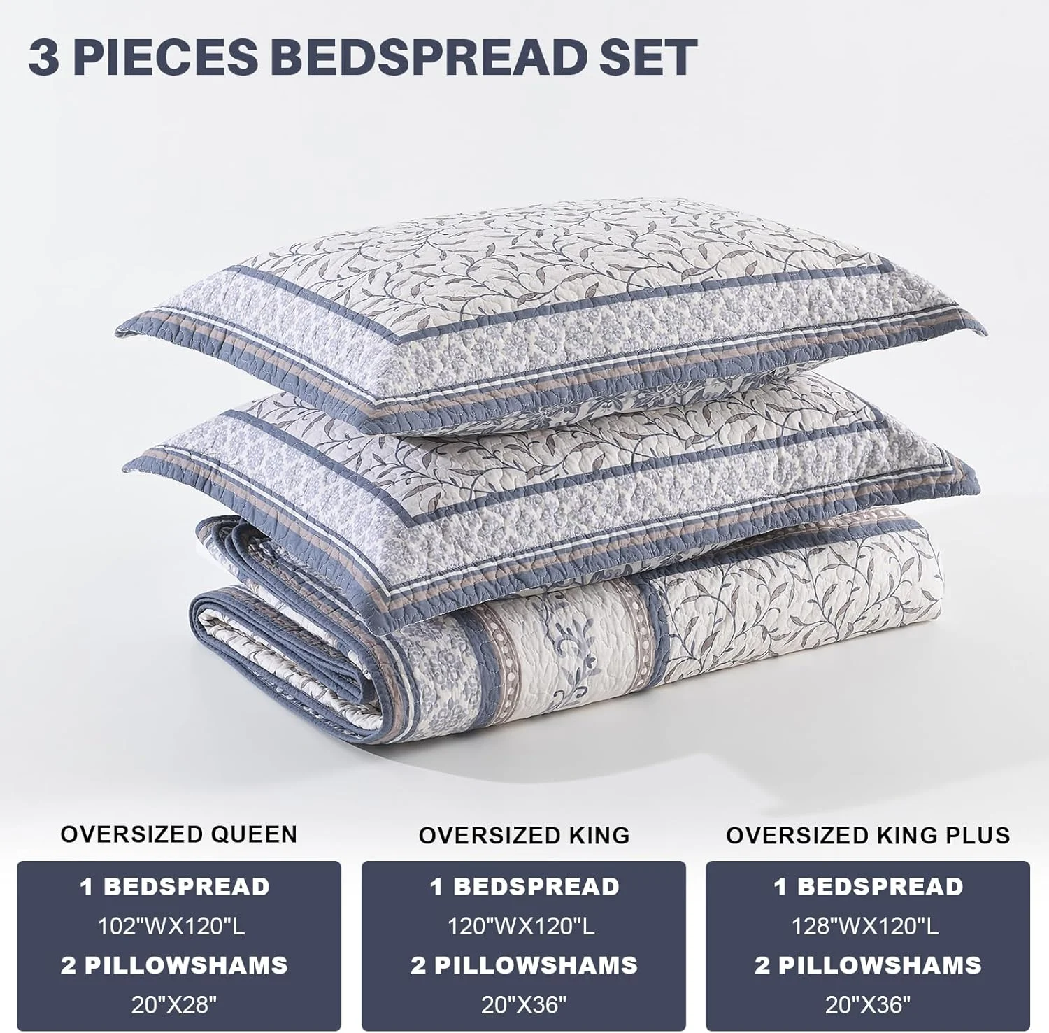 FineStichery Oversized King Bedspreads 120"x120" - 100% Cotton California King Quilt, Vintage Botanical Pattern, Extra Large Lightweight Reversible Quilted Bedspread Coverlet, 3 Pcs, Blue/Brown