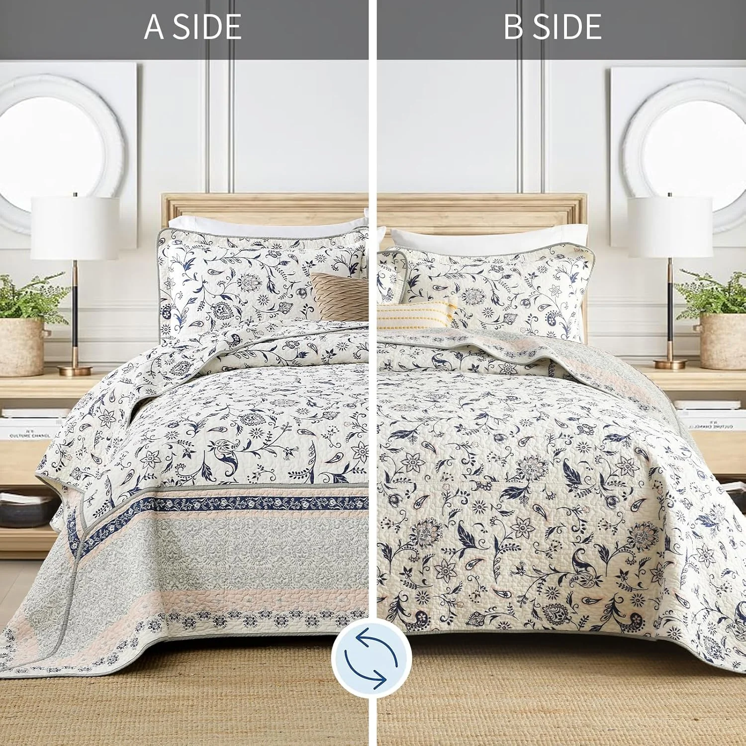 FineStichery 100% Cotton Oversized Quilt Bedspread 128"x120", Lightweight King Bedspreads Coverlets, Extra Large Floral Quilt, Quilted Reversible Bedding Cover, 3 Piece, Navy