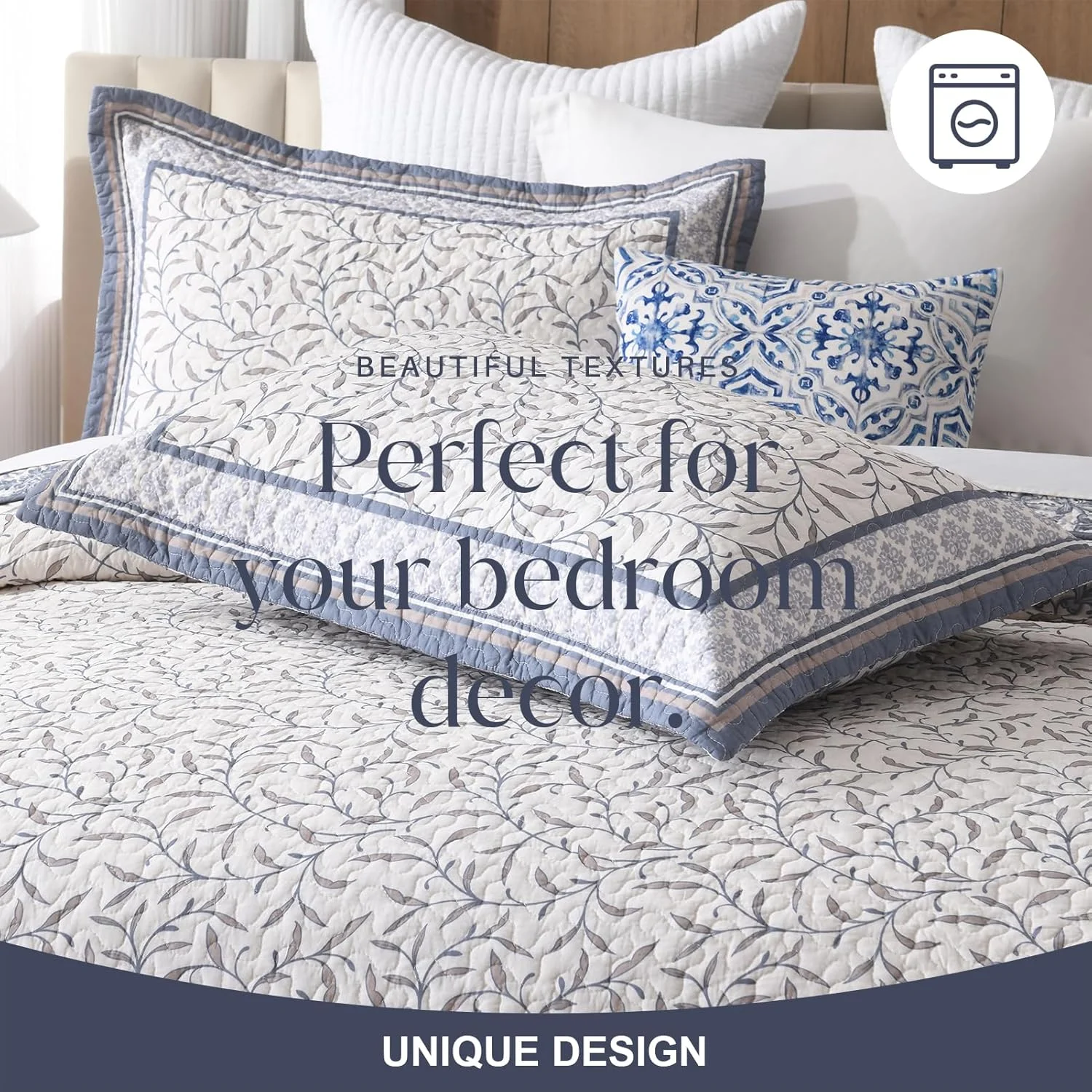 FineStichery Oversized King Bedspreads 120"x120" - 100% Cotton California King Quilt, Vintage Botanical Pattern, Extra Large Lightweight Reversible Quilted Bedspread Coverlet, 3 Pcs, Blue/Brown