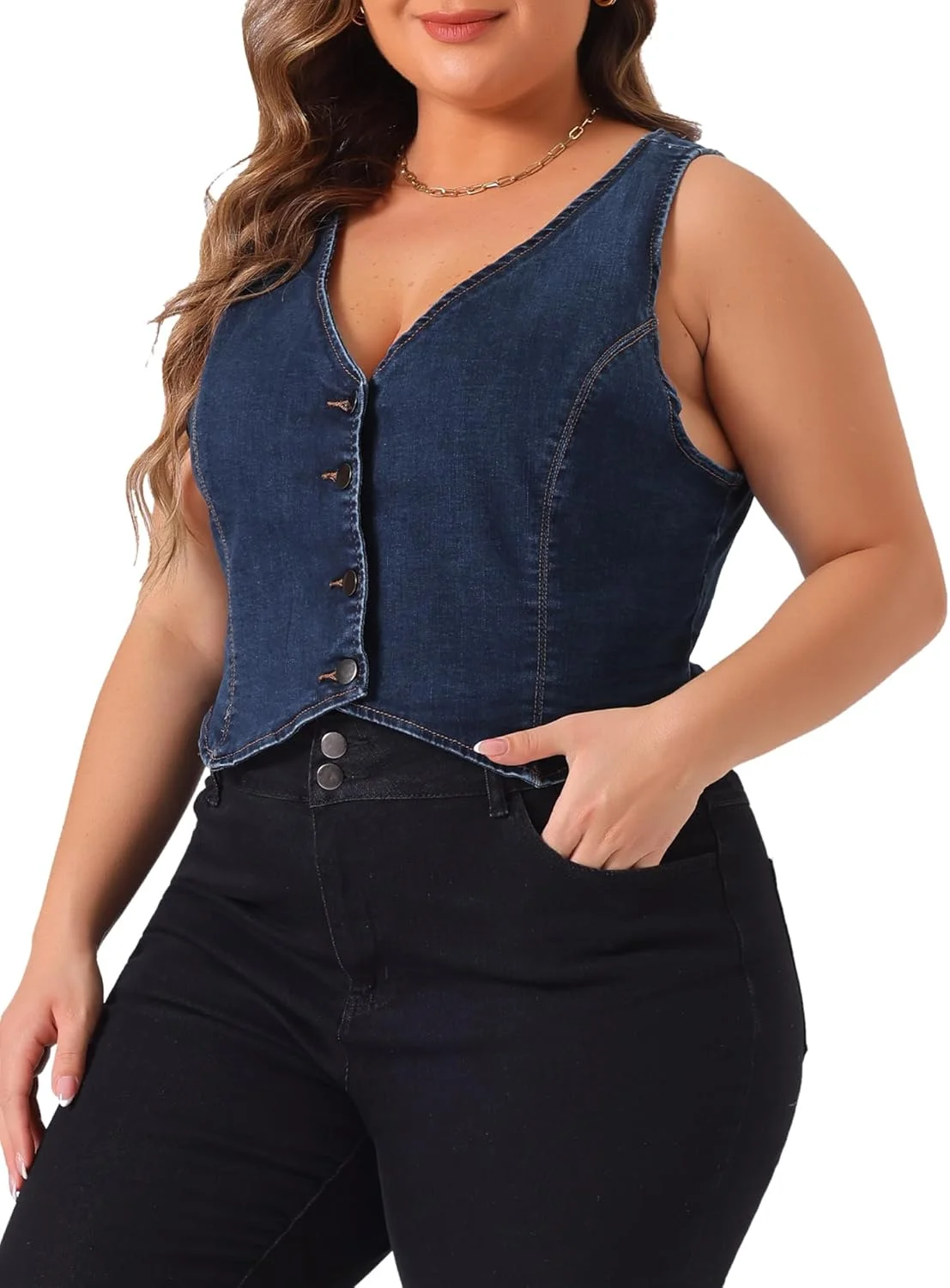 وست جین زنانه سایز بزرگ Agnes Orinda، بدون آستین، یقه هفت، دکمه دار، جلیقه کژوال وست جین زنانه سایز بزرگ Agnes Orinda، بدون آستین، یقه هفت، دکمه دار، جلیقه کژوال