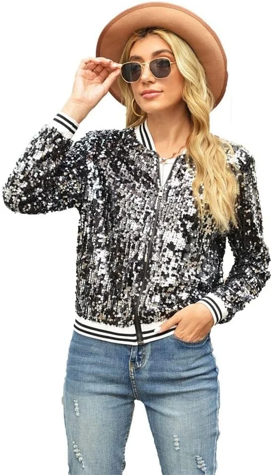 ژاکت پولکی زنانه AGCOAH، ژاکت بمب افکن پولکی، بلوز درخشان مناسب مهمانی و فستیوال