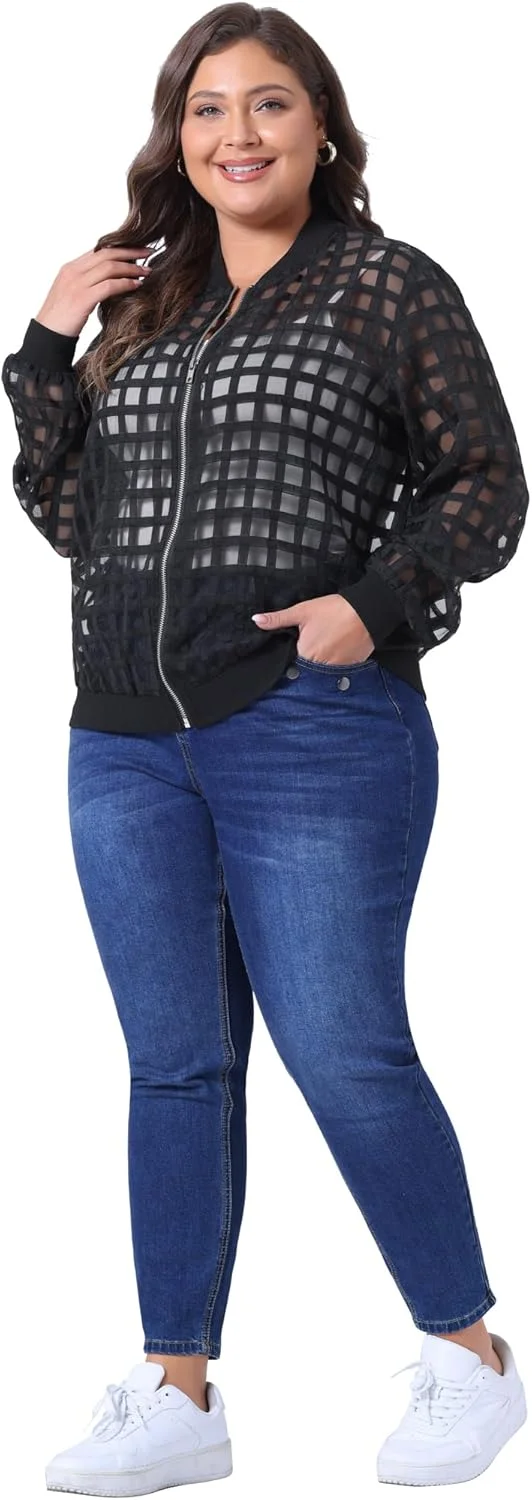 کت های توری شفاف Agnes Orinda برای زنان سایز بزرگ، مد پاییز 2025، کت بمبر آستین بلند زیپ دار کت های توری شفاف Agnes Orinda برای زنان سایز بزرگ، مد پاییز 2025، کت بمبر آستین بلند زیپ دار