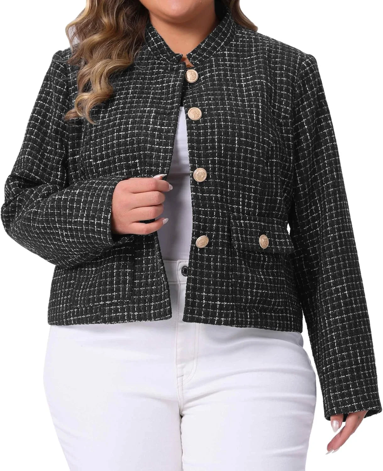 کت های توییت زنانه سایز بزرگ Agnes Orinda، آستین بلند، دکمه دار، غیر رسمی، کت کوتاه با جیب