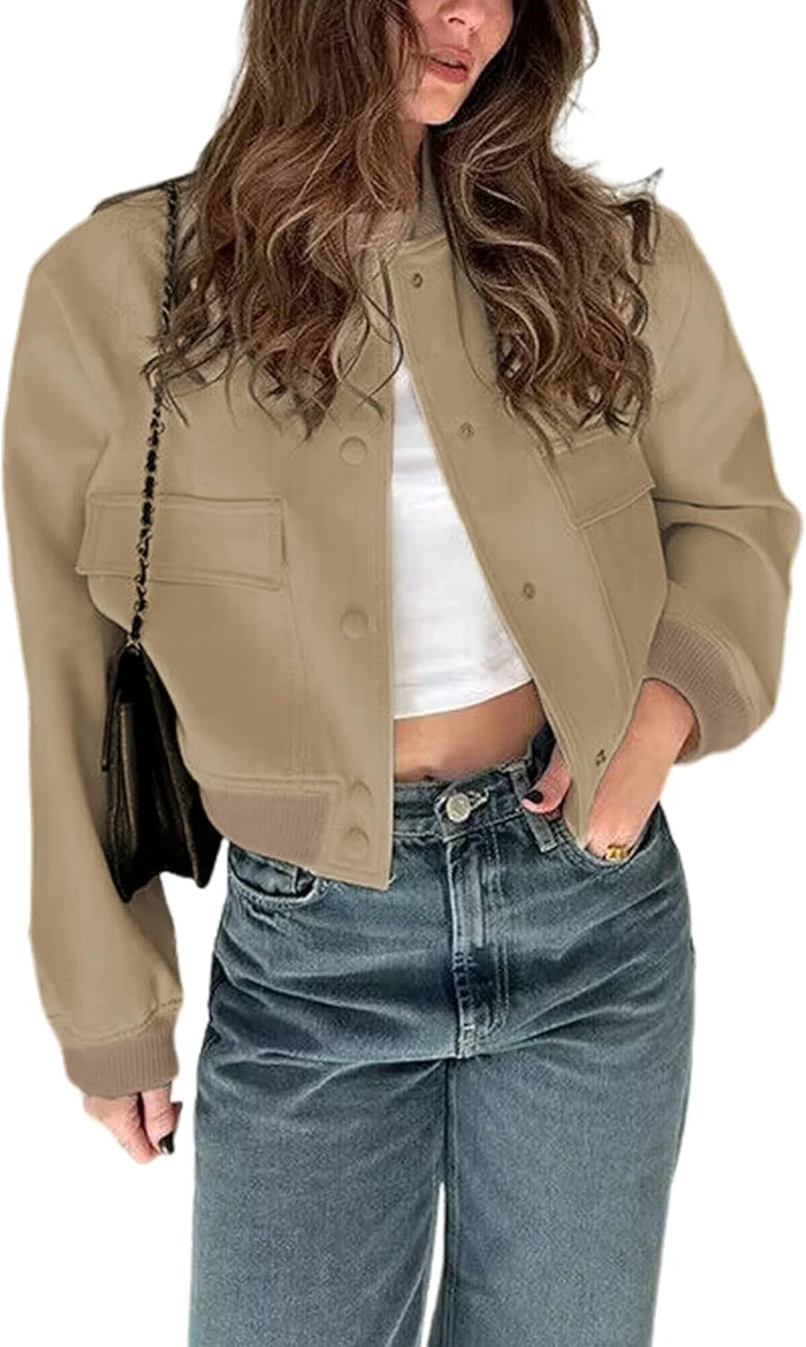 کت بمبر کوتاه زنانه Aedceal، دکمه دار، یقه ایستاده، کت های ورزشی، لباس بیرونی با جیب