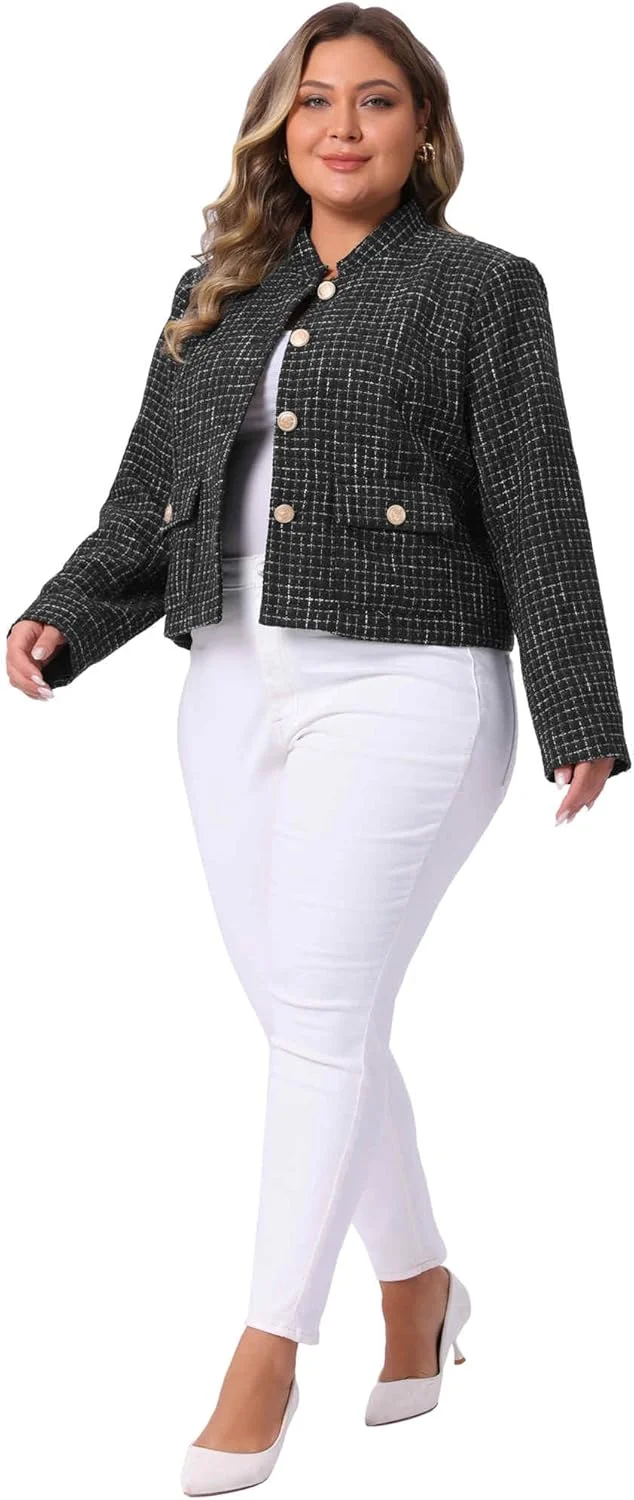 کت های توییت زنانه سایز بزرگ Agnes Orinda، آستین بلند، دکمه دار، غیر رسمی، کت کوتاه با جیب