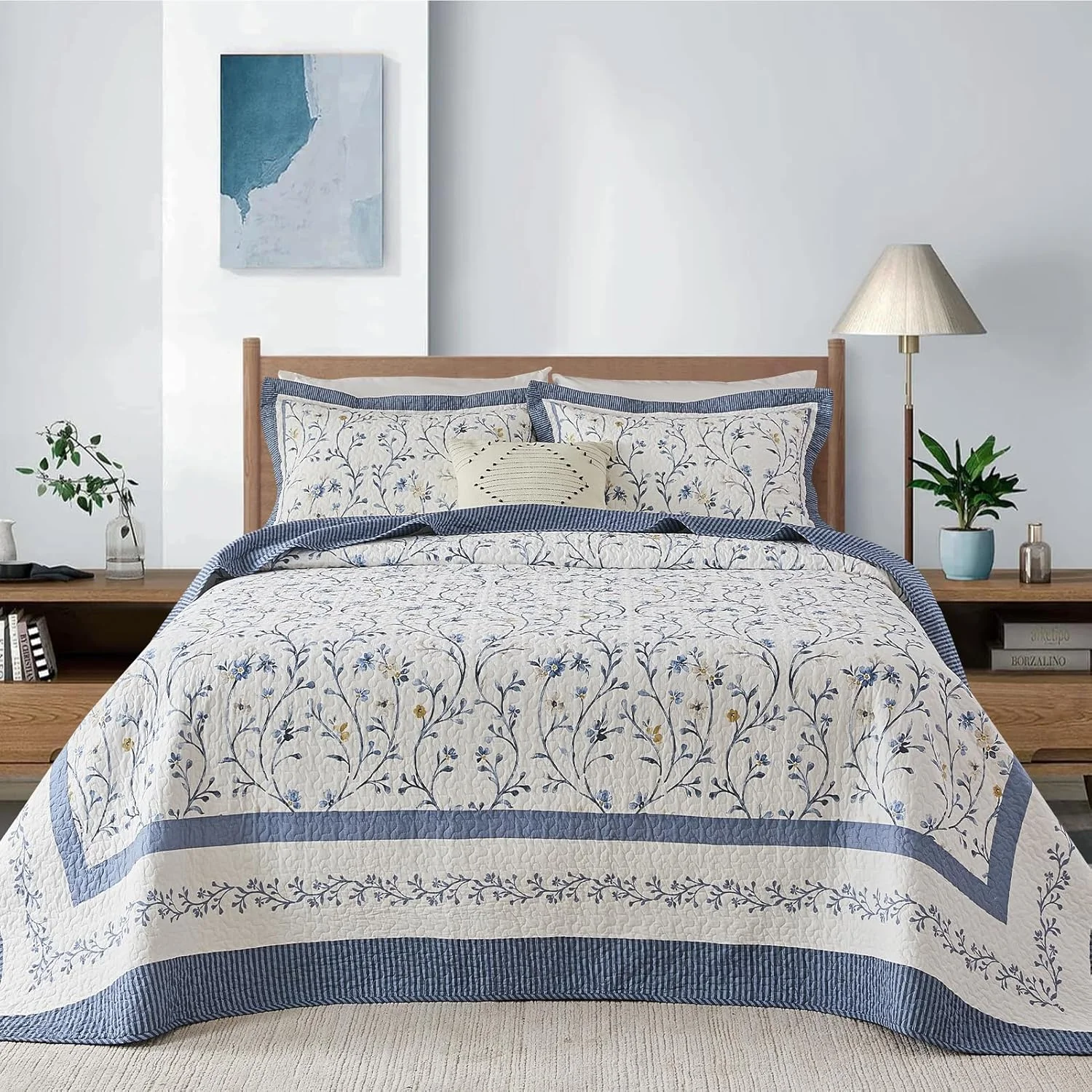 ست روتختی لحاف دار بزرگ FineStichery، 305x305 سانتی متر، لحاف سوپر کینگ 100% پنبه، طرح گیاهی، ست رختخواب لحافی سبک وزن دو رو با 2 روبالشی، آبی/زرد